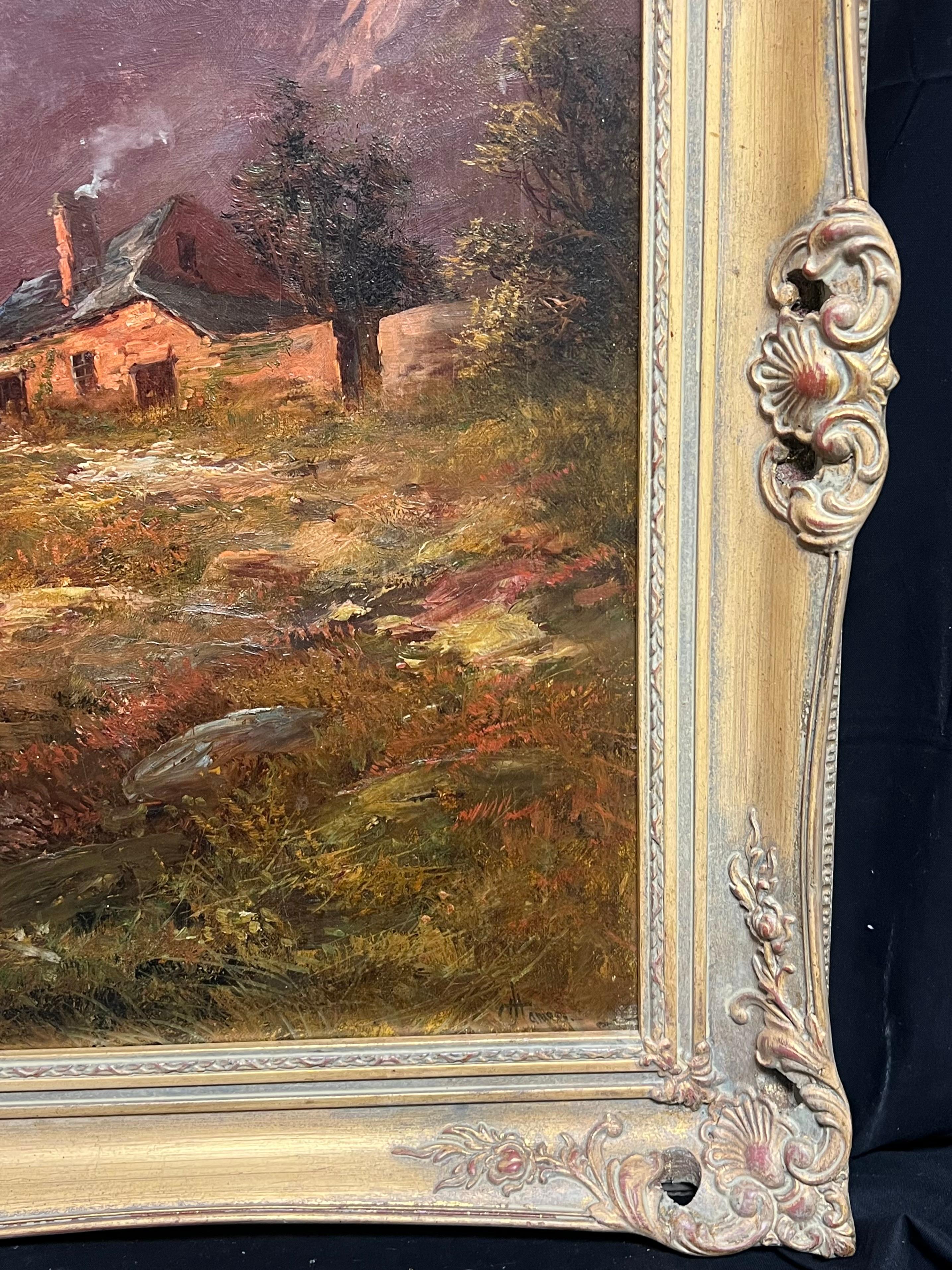 Sunset Antique Scottish Landscape Signed Oil Painting Cottage by Highland Loch For Sale 5