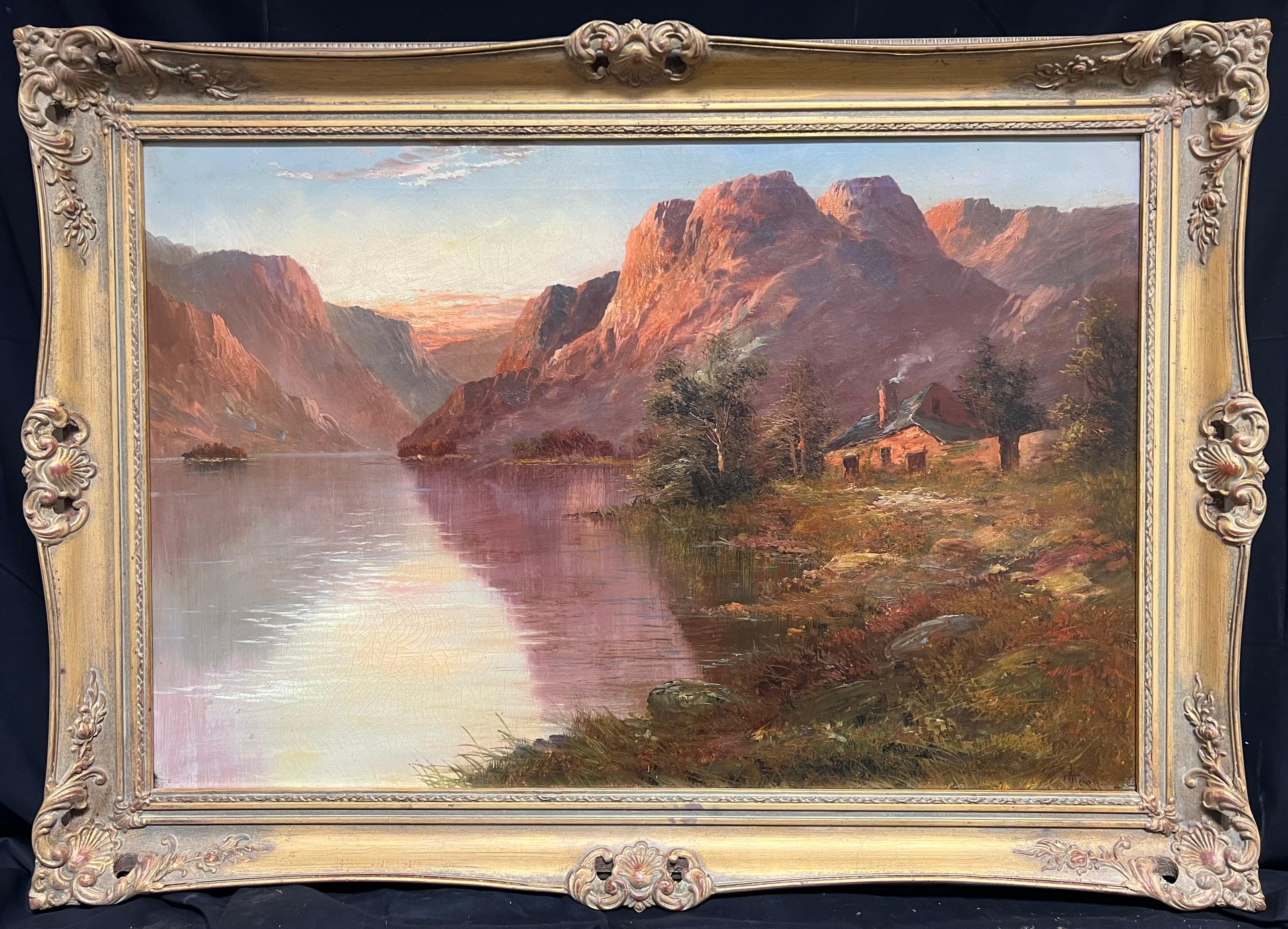 F. E. Jamieson Figurative Painting - Sunset Antique Scottish Landscape Signed Oil Painting Cottage by Highland Loch