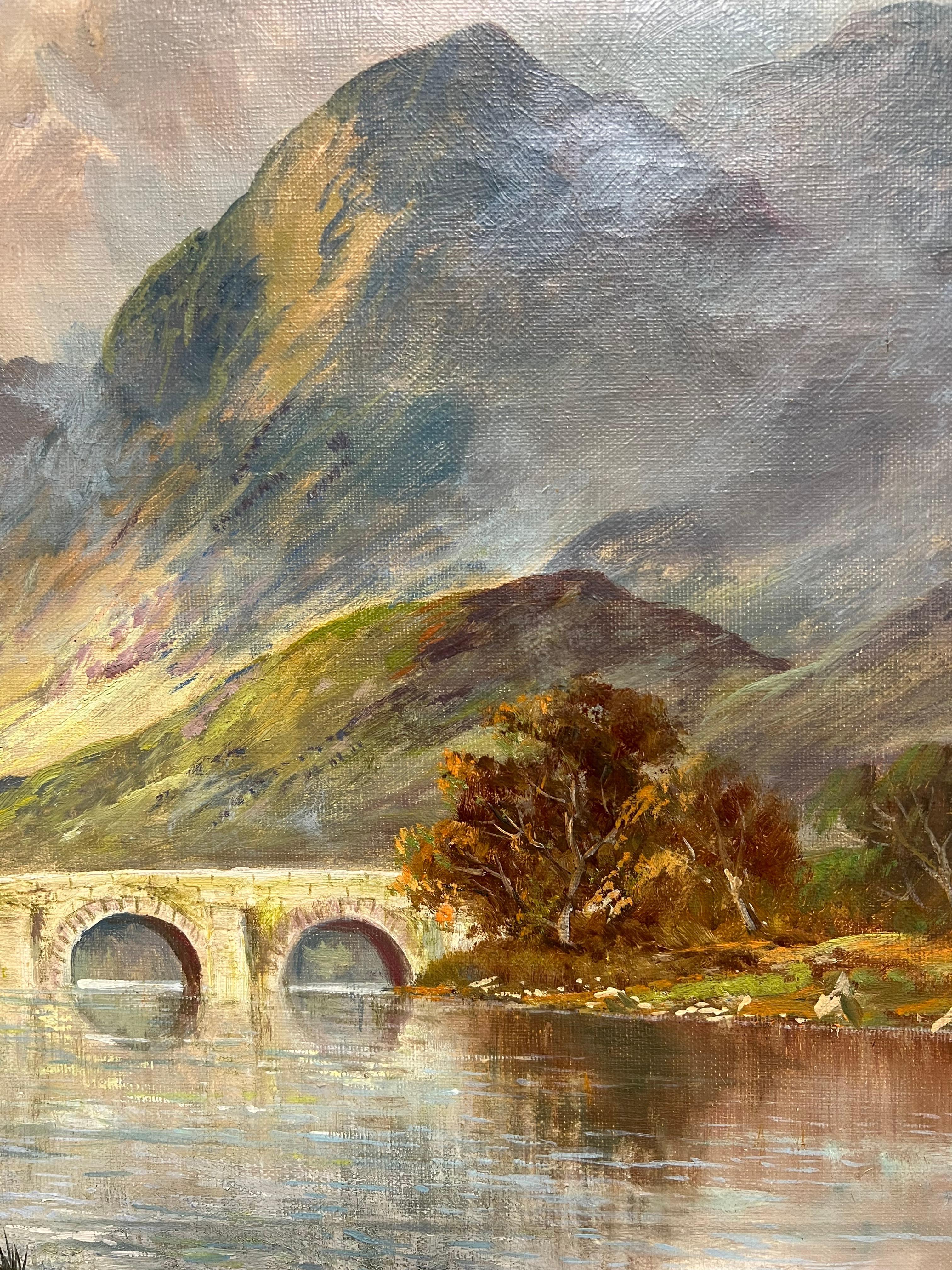 El Puente de Allan, Escocia Highland Loch Escena Pintura al Óleo Antigua en venta 5