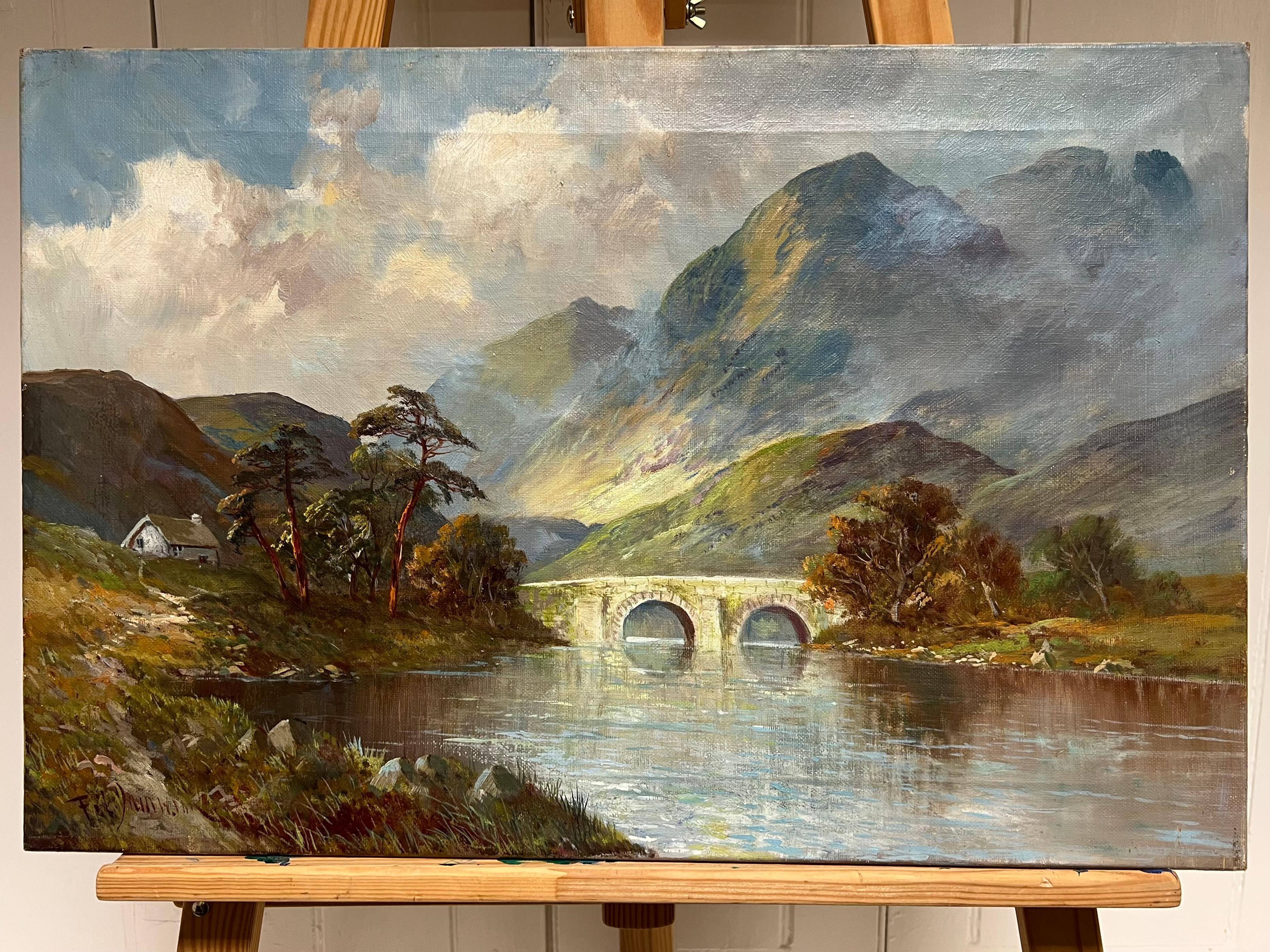 El Puente de Allan, Escocia Highland Loch Escena Pintura al Óleo Antigua - Painting de F. E. Jamieson