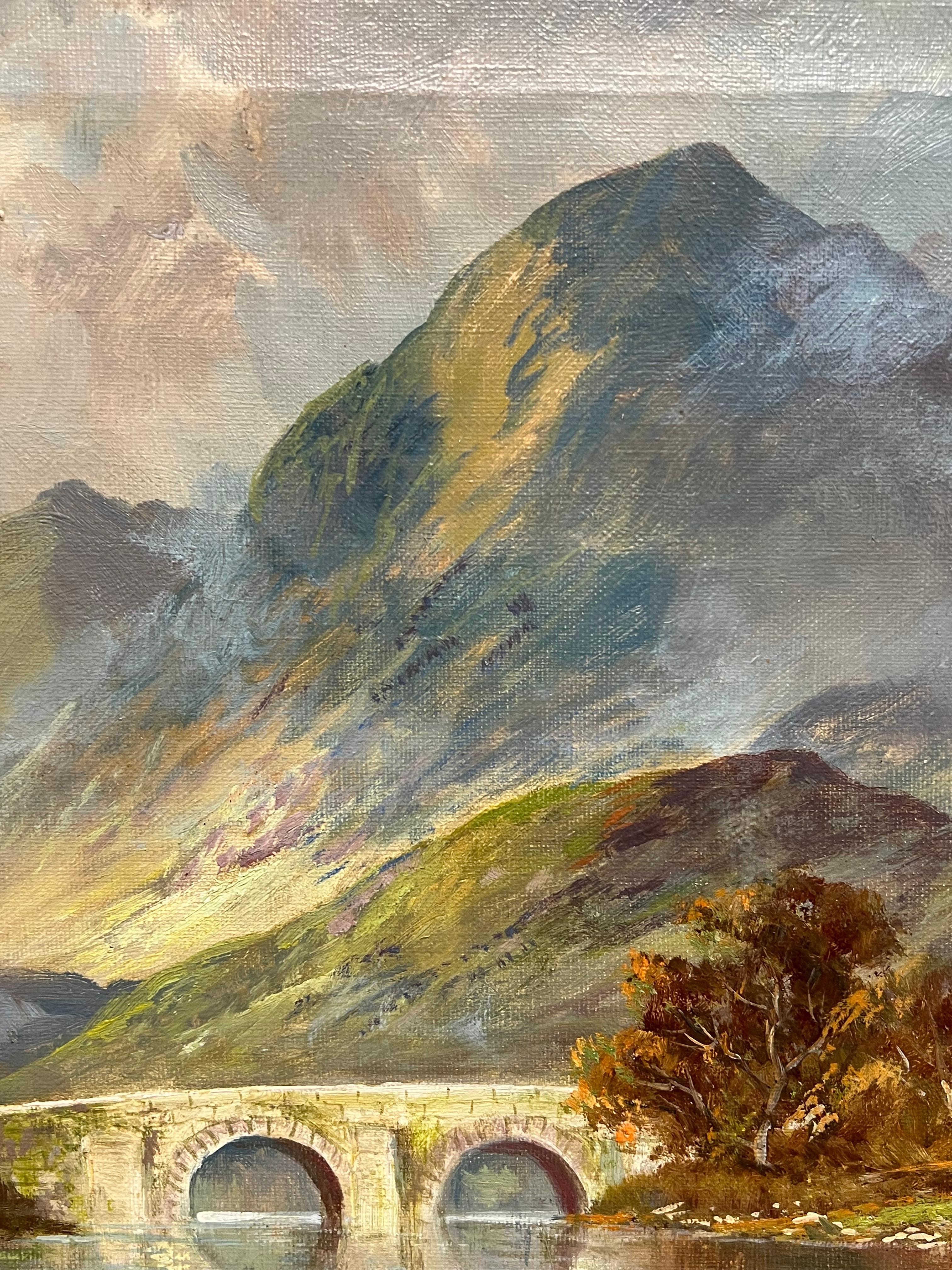 El Puente de Allan, Escocia Highland Loch Escena Pintura al Óleo Antigua - Landscape Painting Gris de F. E. Jamieson
