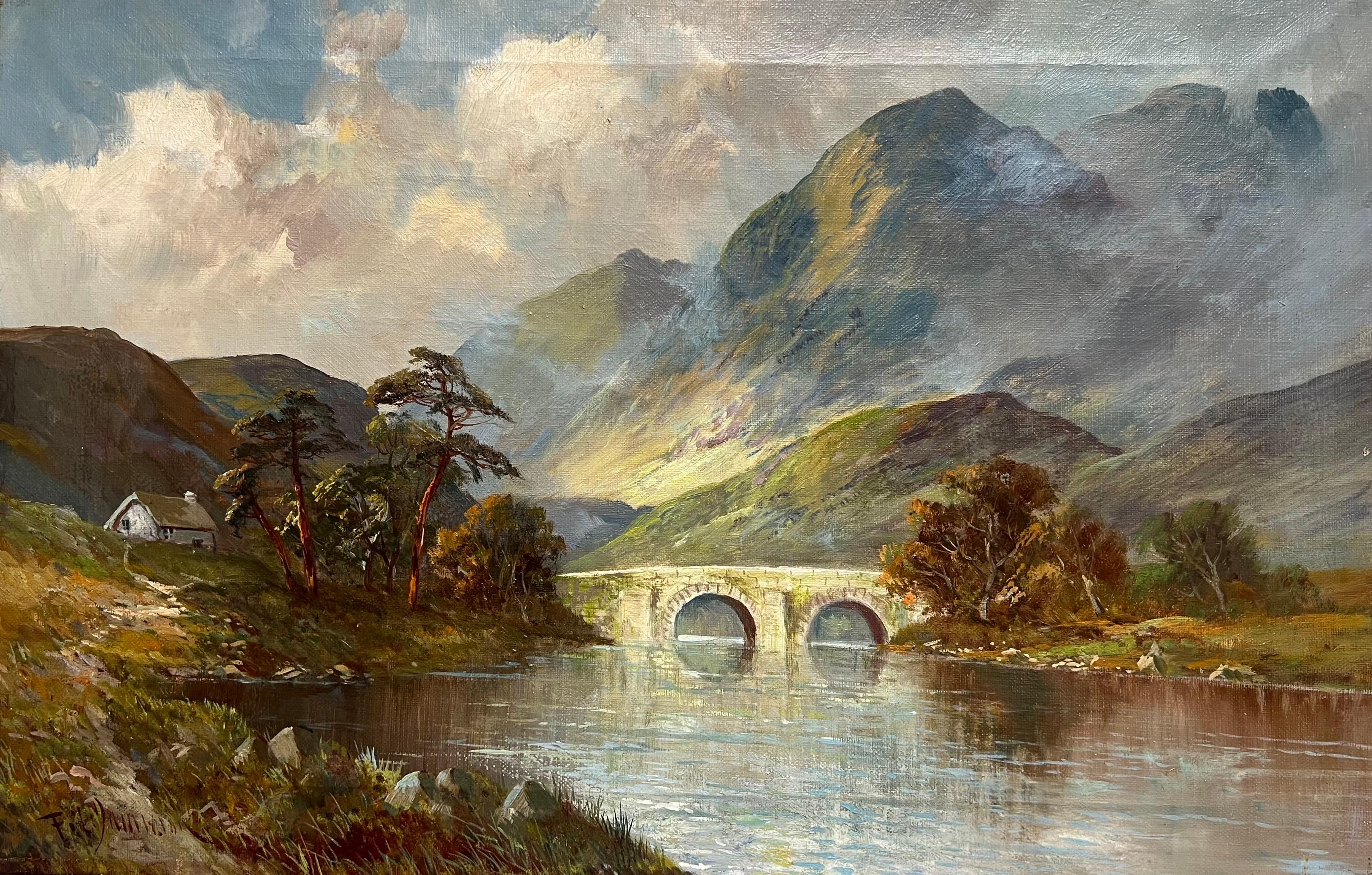Landscape Painting de F. E. Jamieson - El Puente de Allan, Escocia Highland Loch Escena Pintura al Óleo Antigua