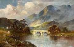 El Puente de Allan, Escocia Highland Loch Escena Pintura al Óleo Antigua