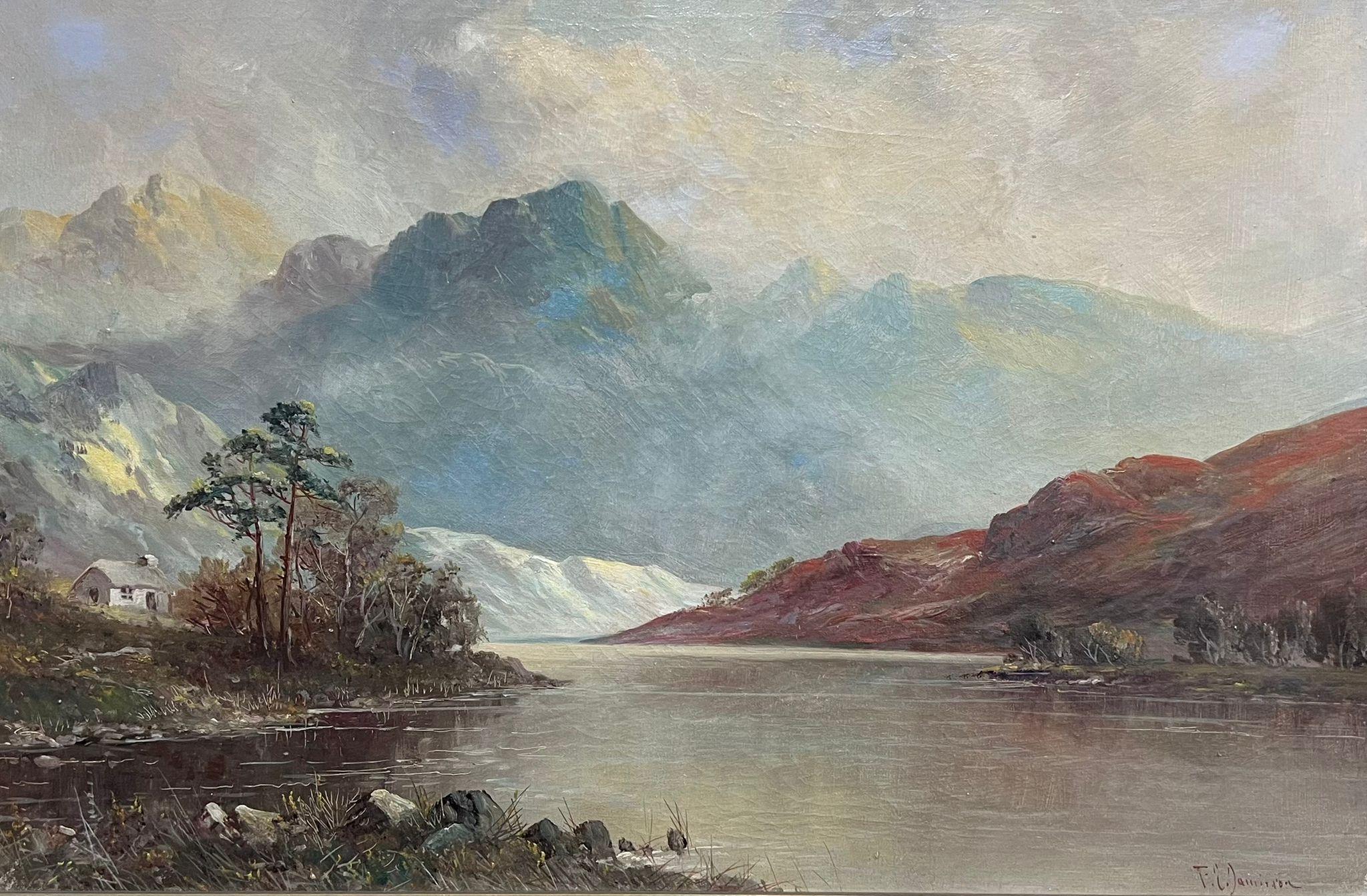 Tranquila Highland Reflexión Pintura al Óleo Montaña Loch con Cottage Perthshire - Painting de F. E. Jamieson