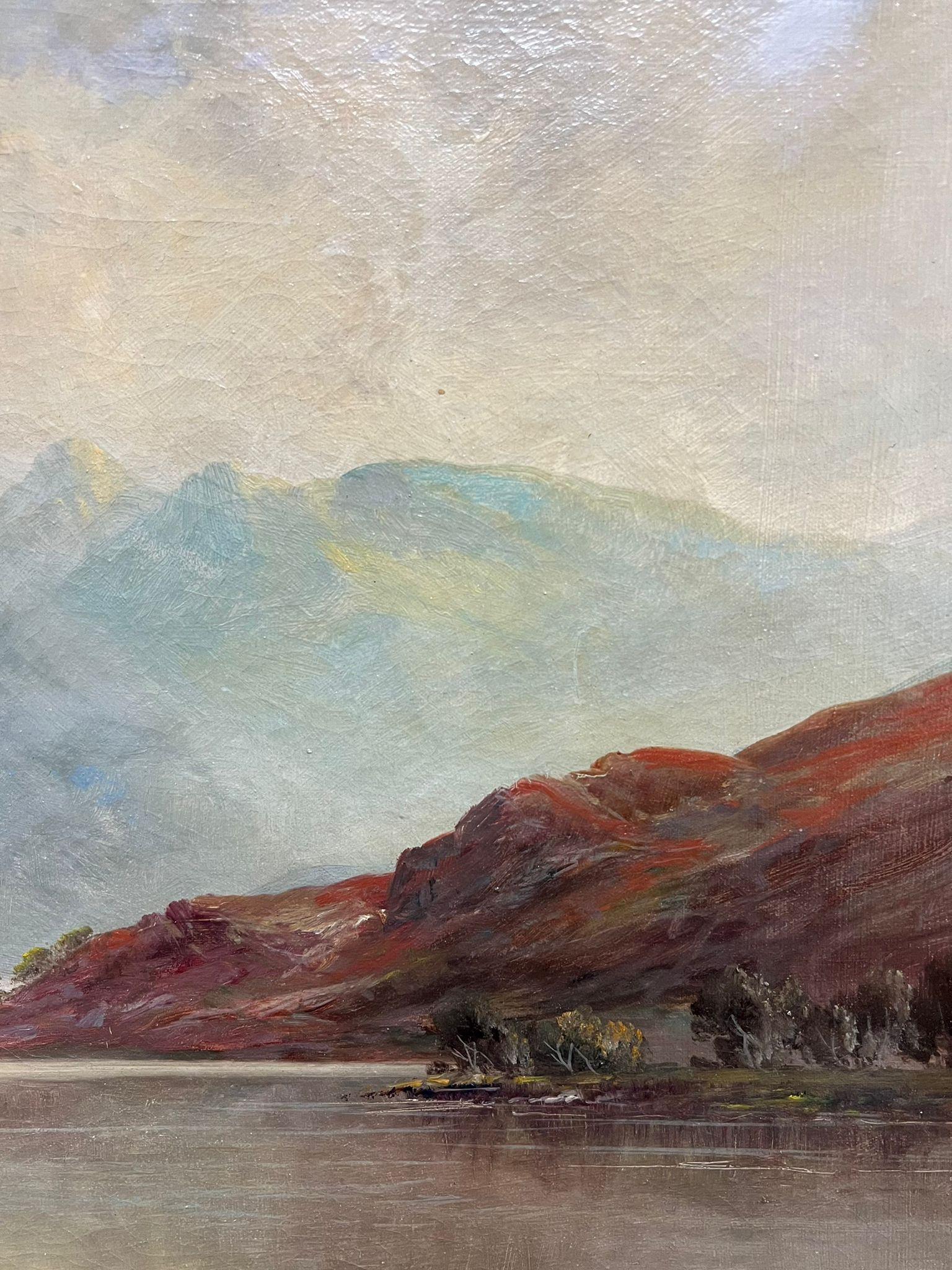 Tranquila Highland Reflexión Pintura al Óleo Montaña Loch con Cottage Perthshire - Painting Victoriano de F. E. Jamieson