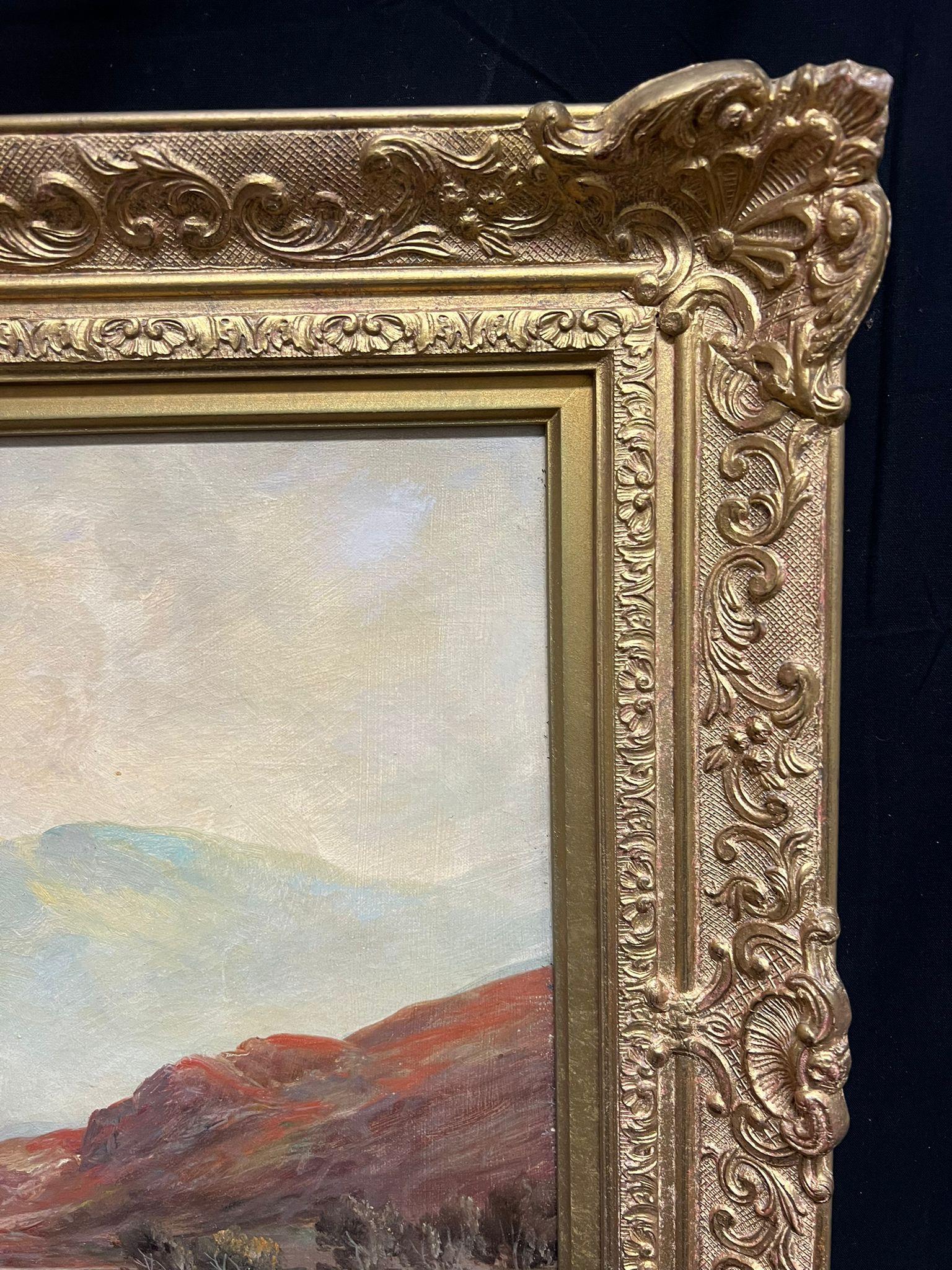 Tranquila Highland Reflexión Pintura al Óleo Montaña Loch con Cottage Perthshire - Landscape Painting Gris de F. E. Jamieson