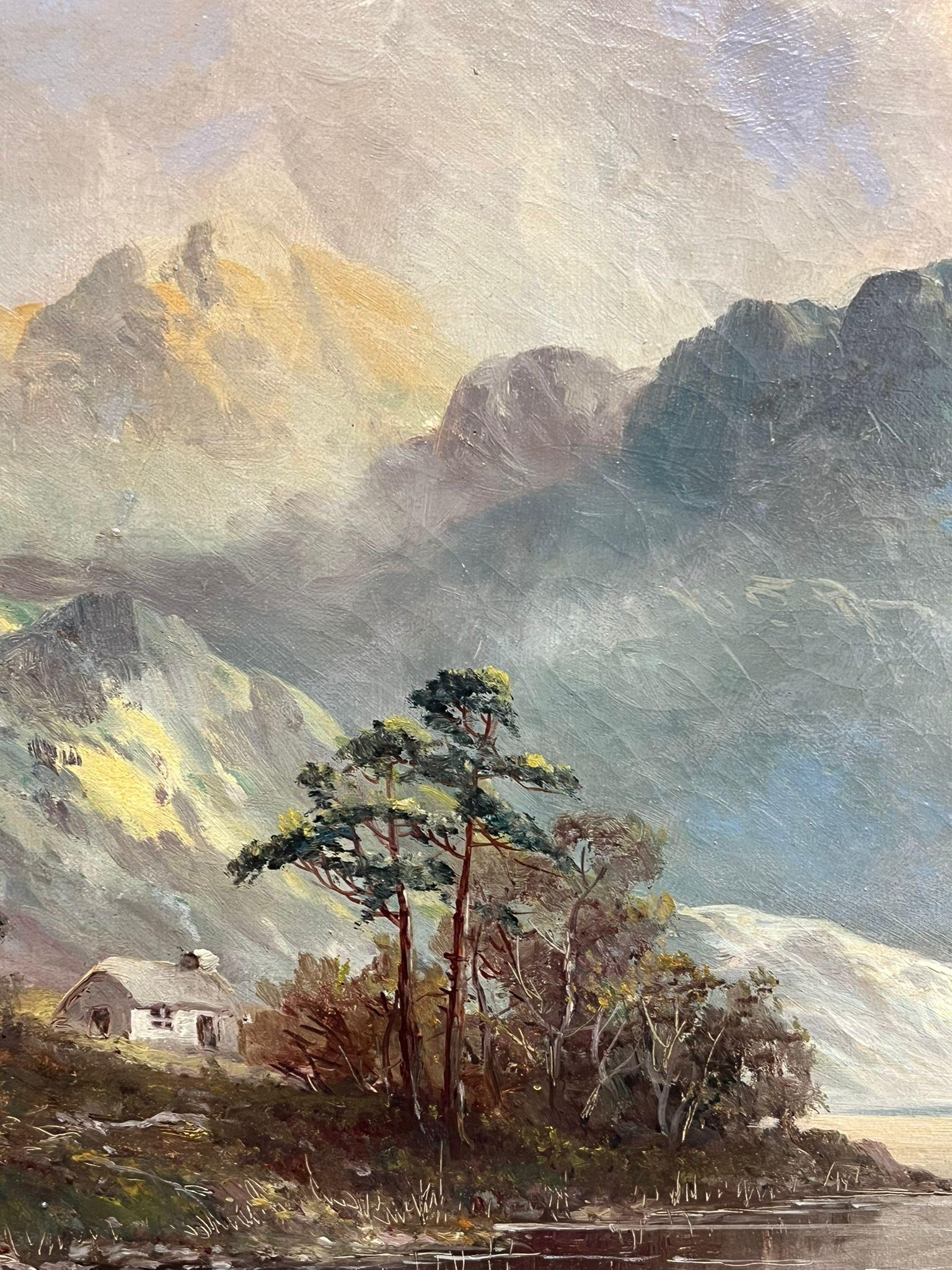 Tranquila Highland Reflexión Pintura al Óleo Montaña Loch con Cottage Perthshire en venta 4