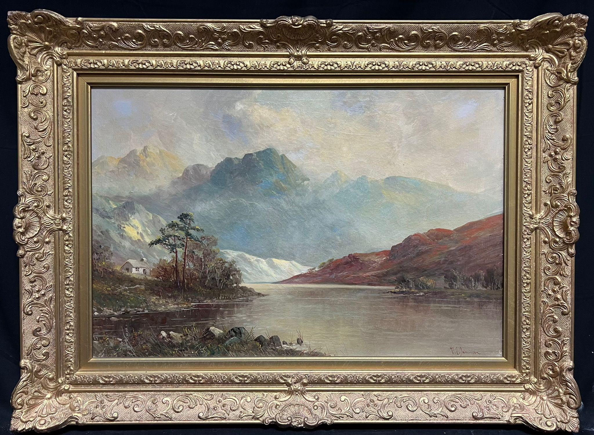 Landscape Painting de F. E. Jamieson - Tranquila Highland Reflexión Pintura al Óleo Montaña Loch con Cottage Perthshire