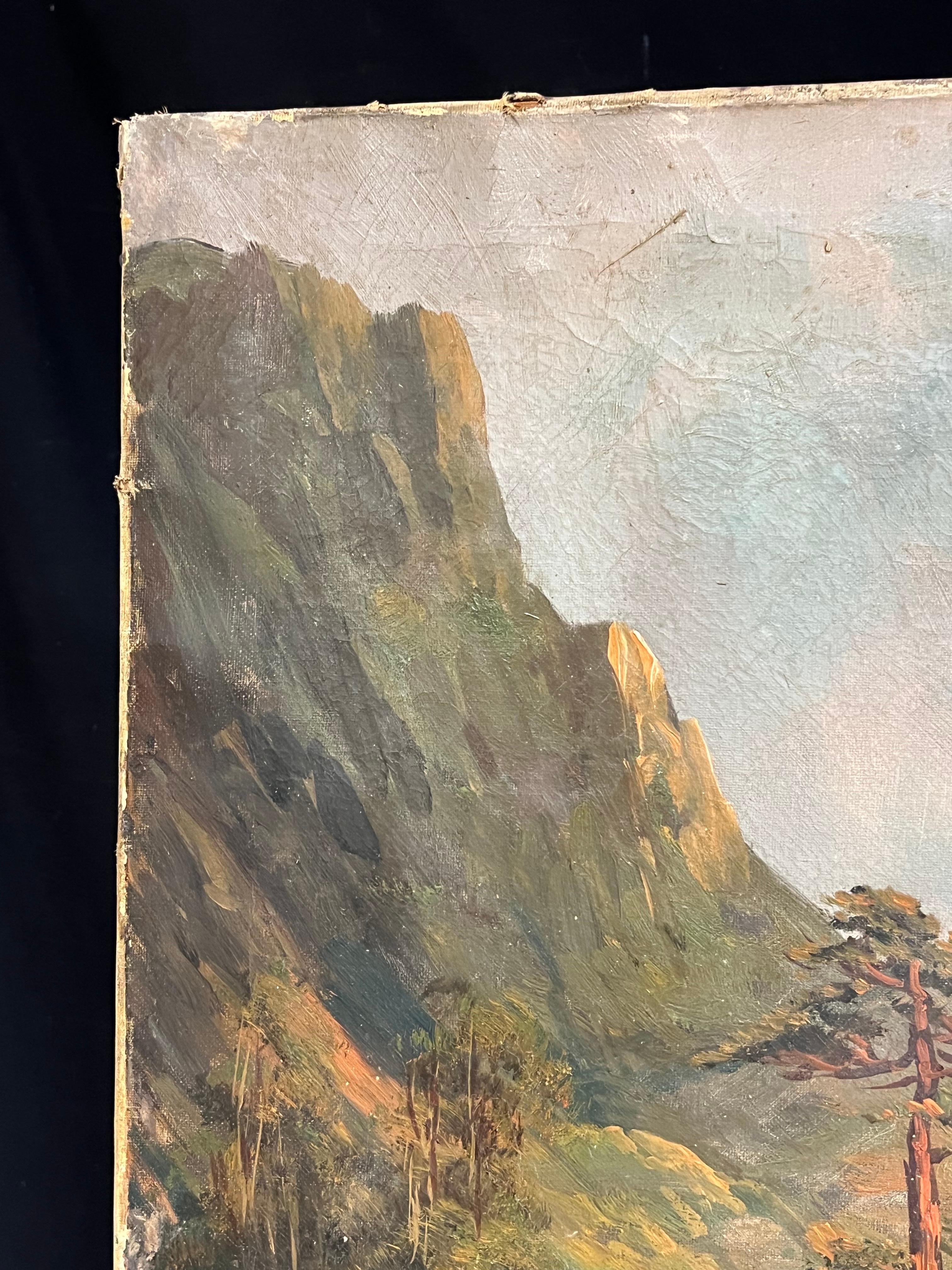 Peinture à l'huile écossaise ancienne représentant le Loch Tranquil et les Highland Peaks en vente 5