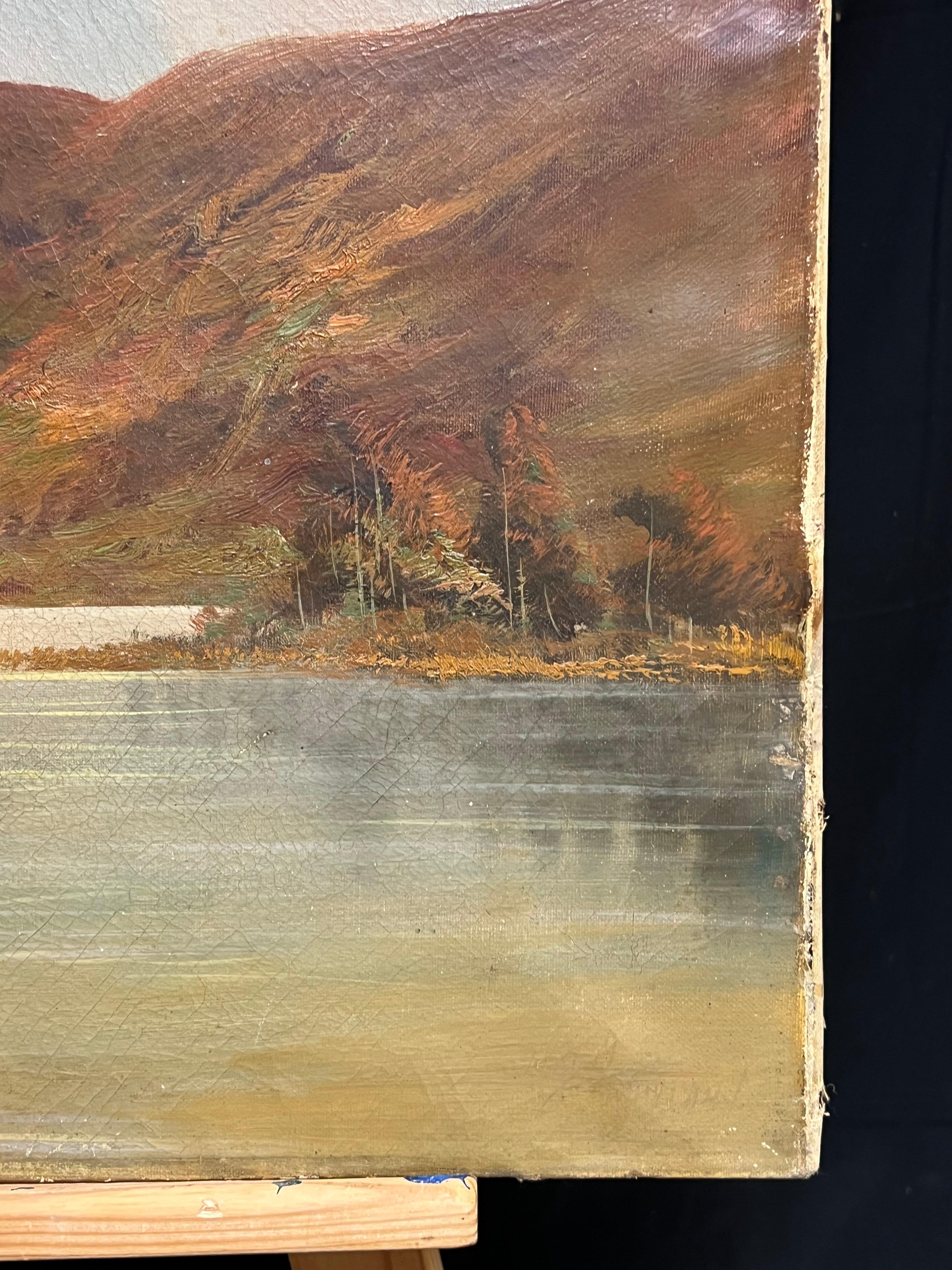 Peinture à l'huile écossaise ancienne représentant le Loch Tranquil et les Highland Peaks en vente 6
