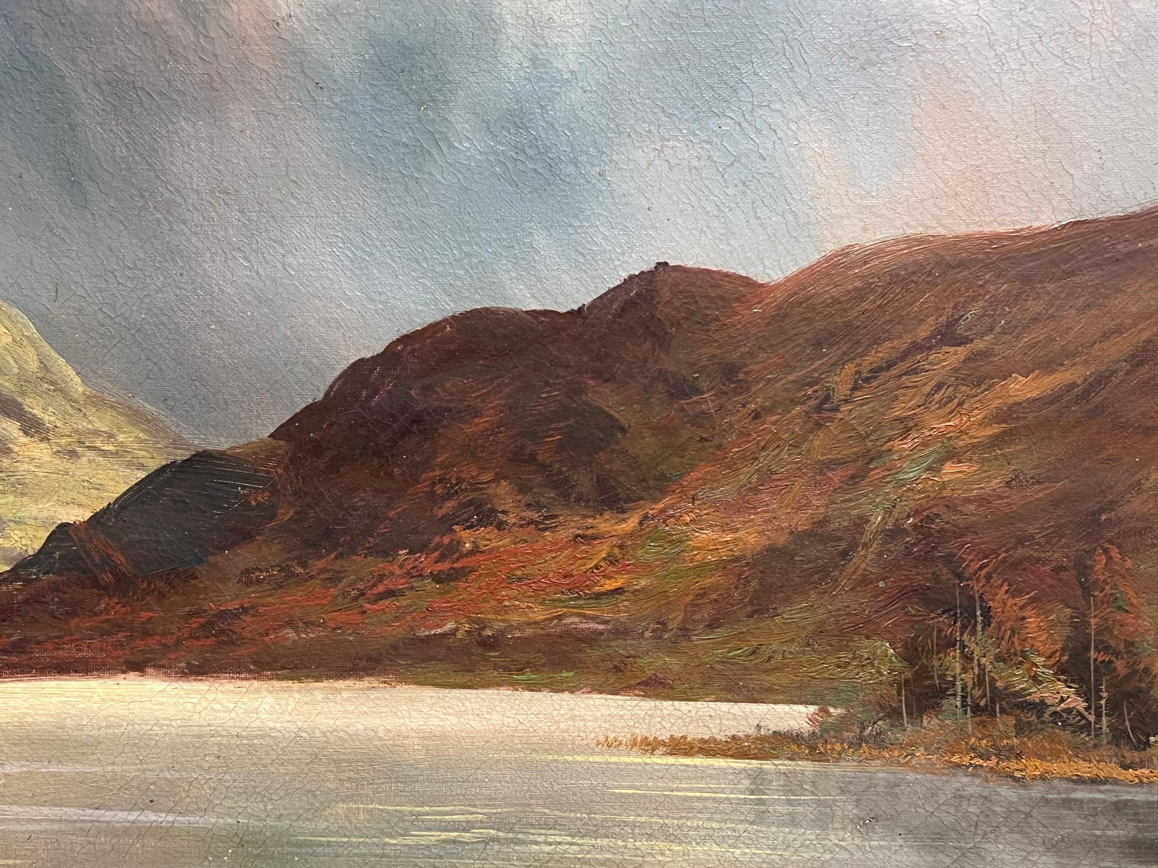 Peinture à l'huile écossaise ancienne représentant le Loch Tranquil et les Highland Peaks - Victorien Painting par F. E. Jamieson