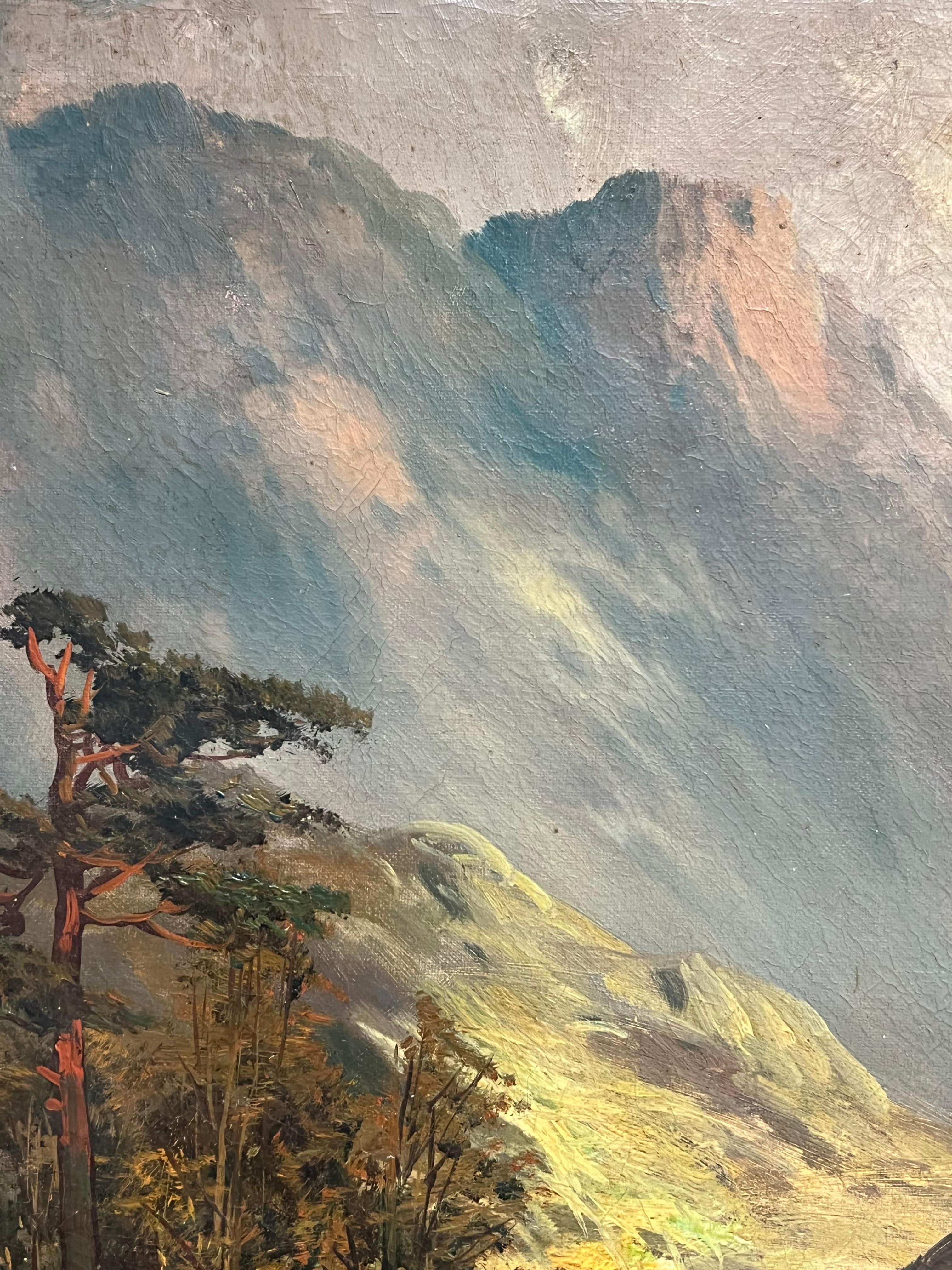 Peinture à l'huile écossaise ancienne représentant le Loch Tranquil et les Highland Peaks - Marron Landscape Painting par F. E. Jamieson