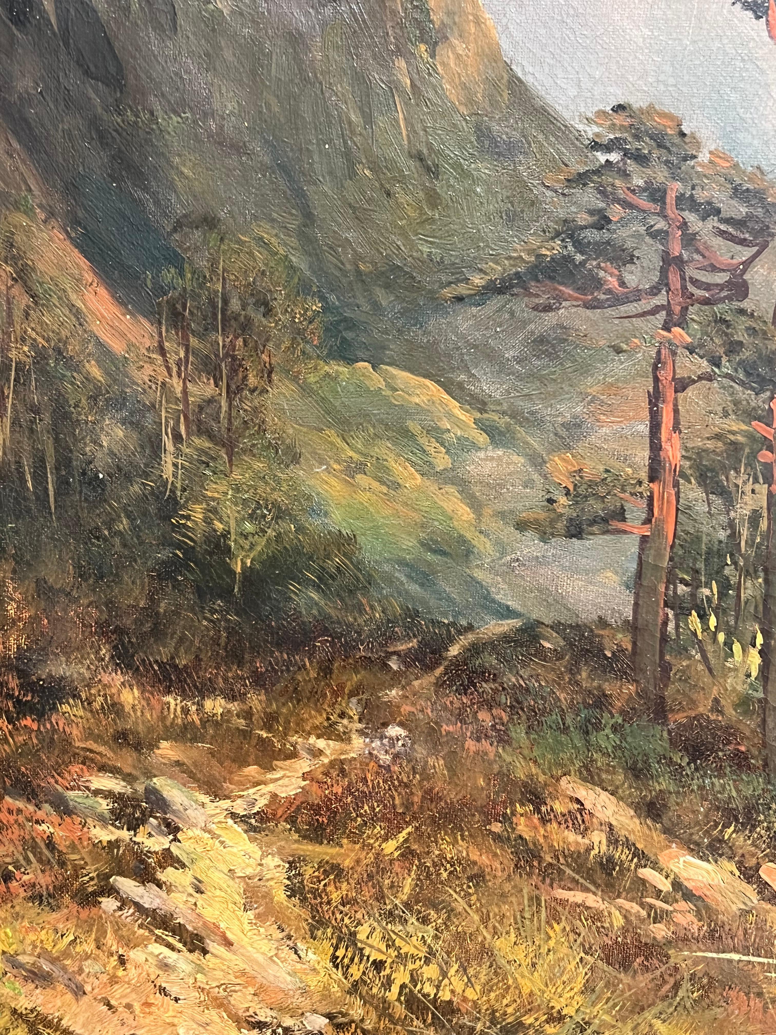 Peinture à l'huile écossaise ancienne représentant le Loch Tranquil et les Highland Peaks en vente 1