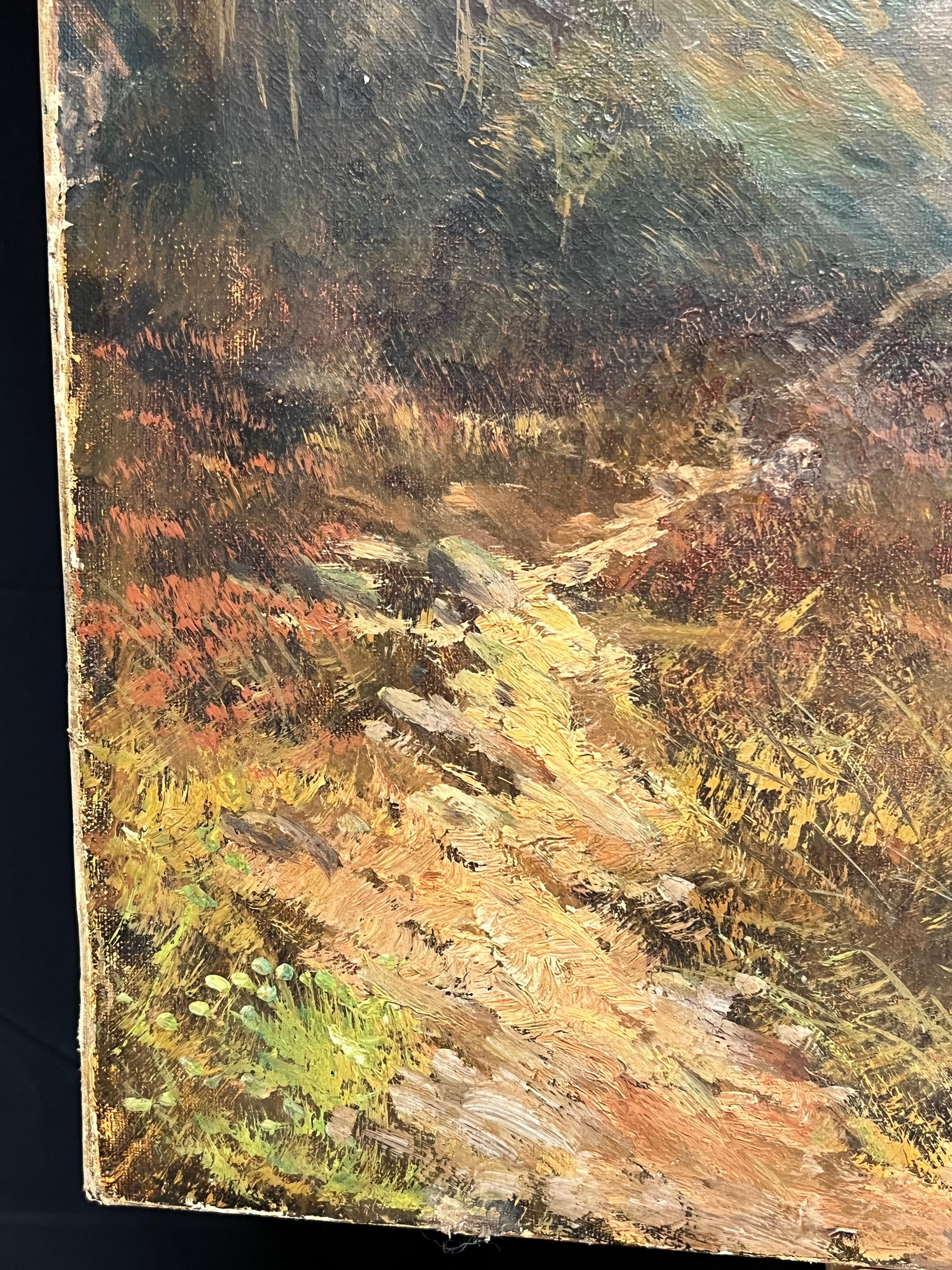 Peinture à l'huile écossaise ancienne représentant le Loch Tranquil et les Highland Peaks en vente 2