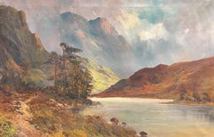 Tranquil Loch Seite mit Highland Peaks, antikes schottisches Landschaftsgemälde, Ölgemälde