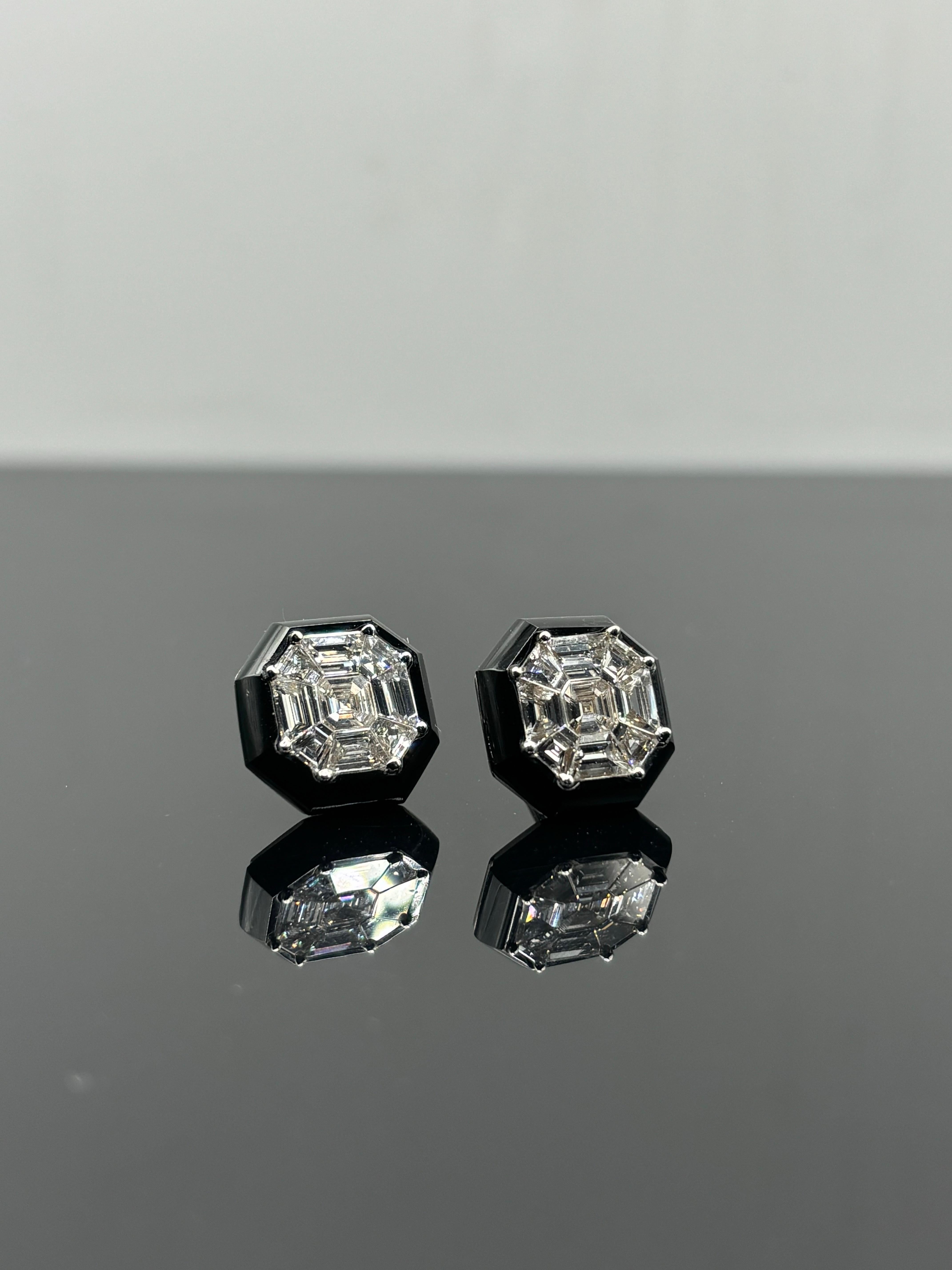 Modern F/G Color 2.88 Carat Asscher Cut Diamond Cluster Studs with Black Onyx For Sale