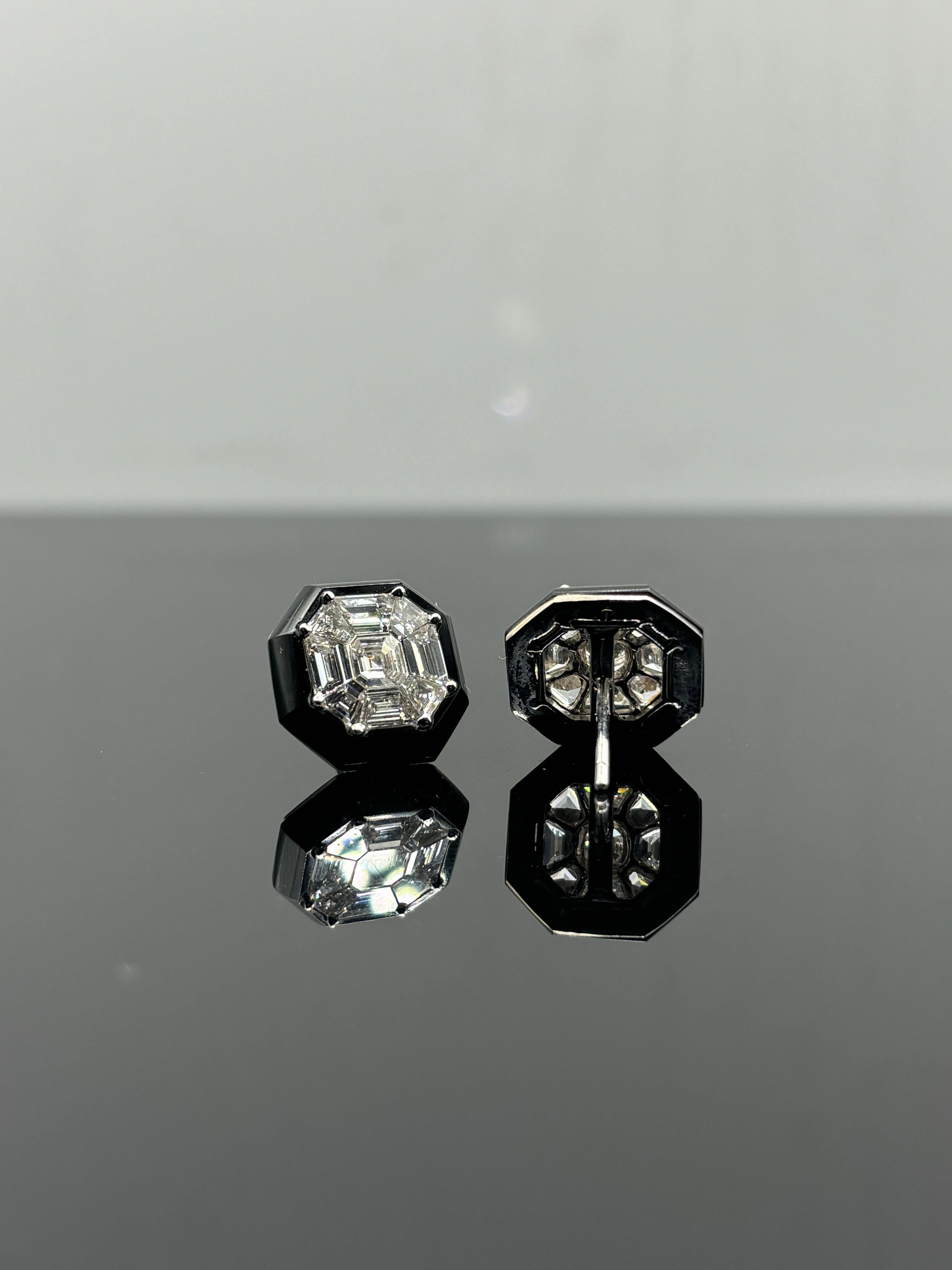 Women's F/G Color 2.88 Carat Asscher Cut Diamond Cluster Studs with Black Onyx For Sale