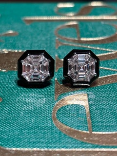 F/G Color 2.88 Carat Asscher Cut Diamond Cluster Studs with Black Onyx