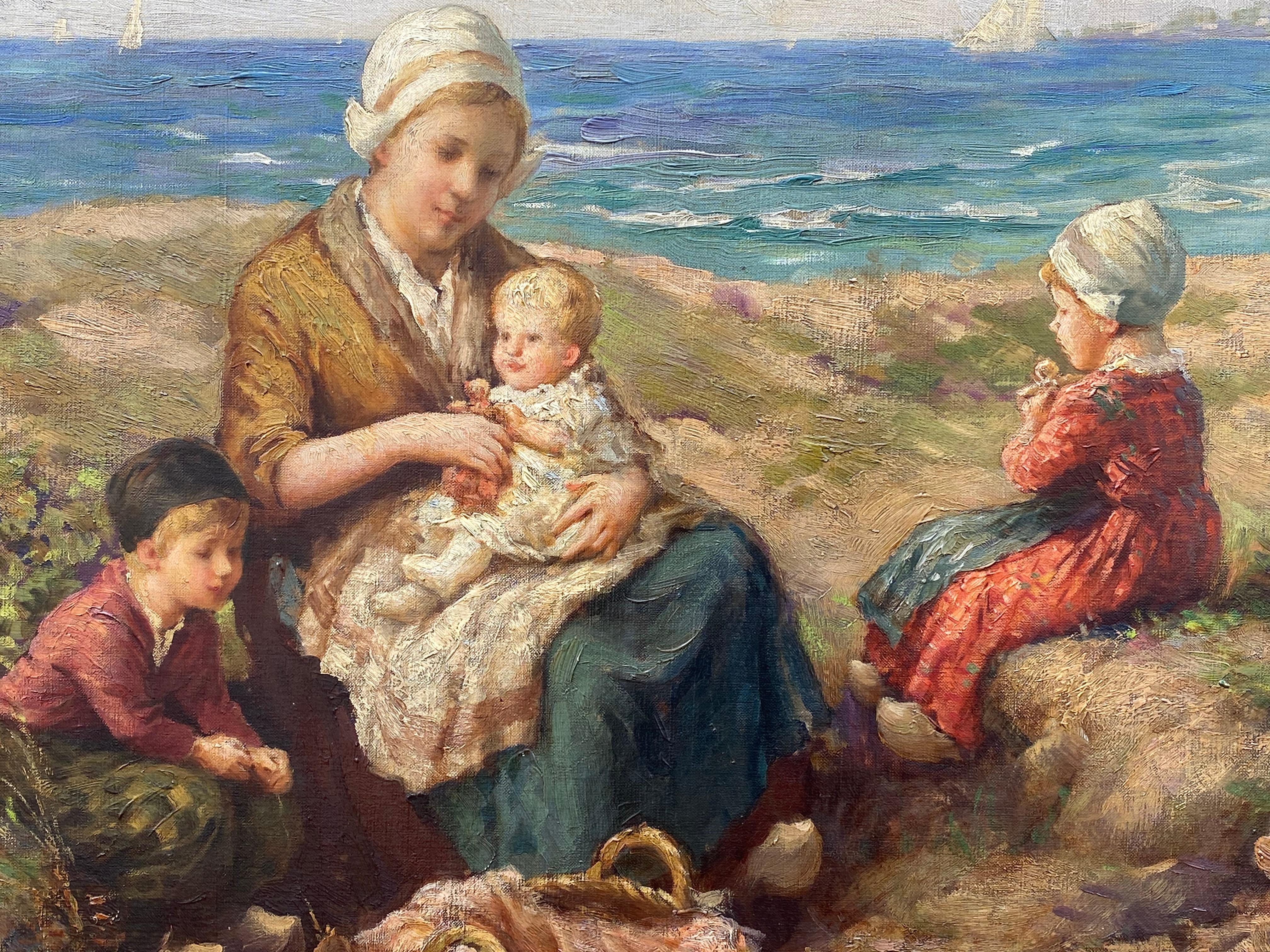 Original oil on canvas painting of a bucolic seaside picnic with a mother and her young children.  Signed by the artist, F. G. Grust lower left. Condition is very good.  The painting is housed in a period style gold leaf frame in fine condition. 