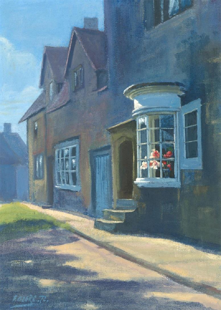 Cold and confident shades of blue have been used to capture this perspective view of stone buildings on a crisp spring day. As the midday sun starts to move, parts of the quiet street dip into shade. The painting has been signed and dated to the
