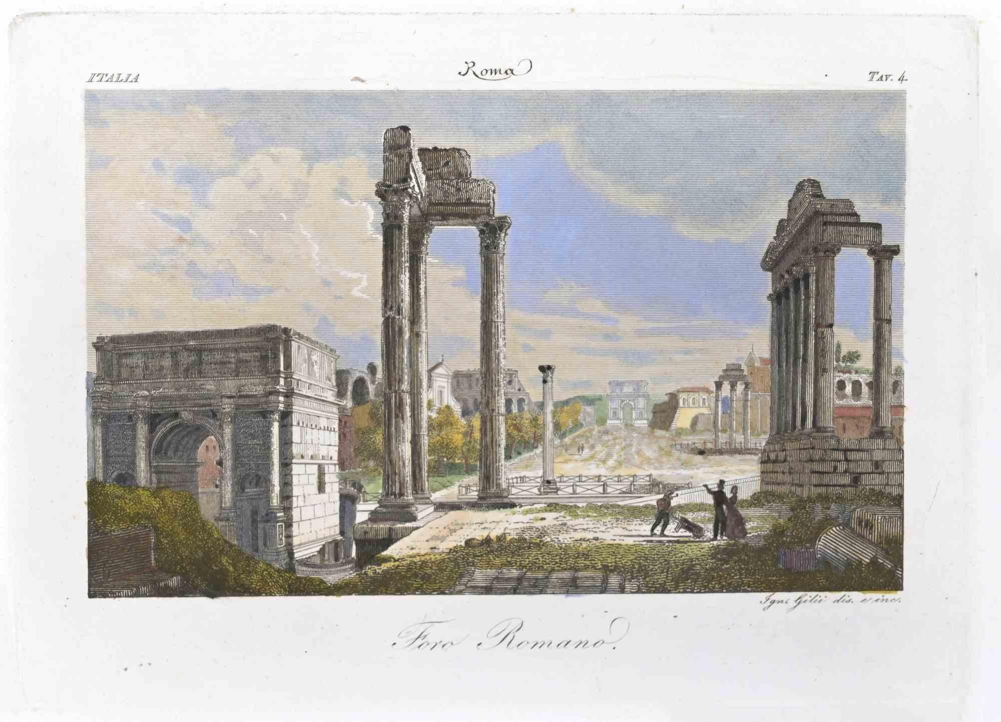 Foro Romano, Rom ist eine Originalradierung auf Papier, die der italienische Kupferstecher F. Gilii im 19.

Signiert auf der Platte.

Im unteren Bereich betitelt.

Guter Zustand mit Stockflecken.