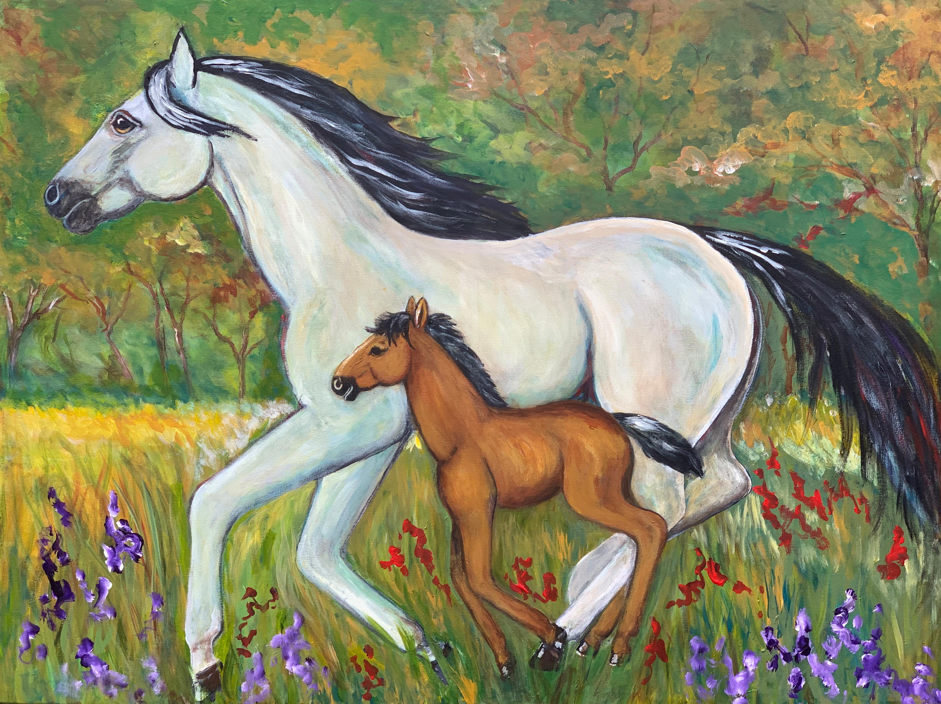 2009 F. Gillotti 'Venerable' horse and foal painting acrylic on stretched canvas. Measures: 36 H x 48 W.