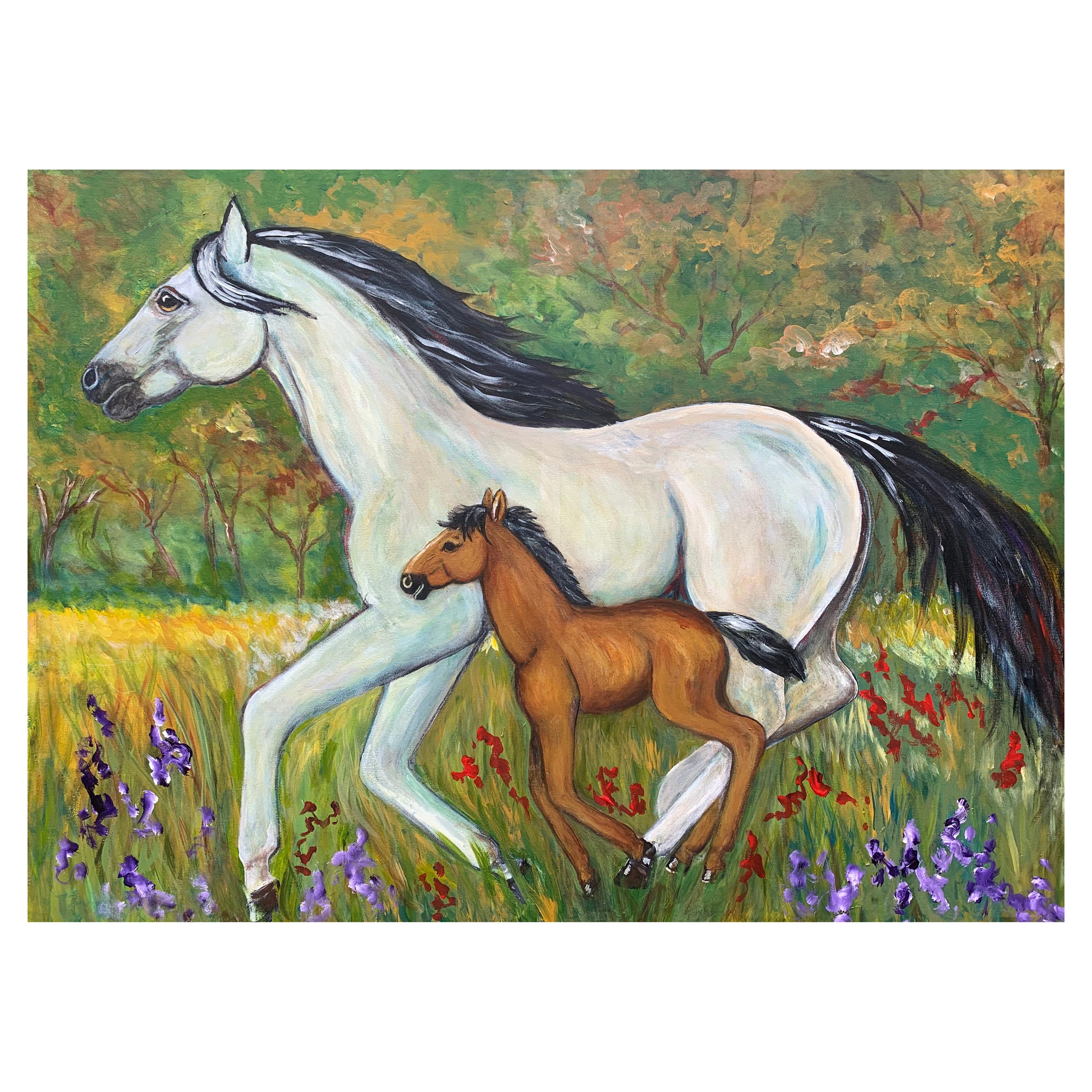 F. Gillotti 'Venerable' 2009 Horse and Foal Painting Acrylic on Stretched Canvas