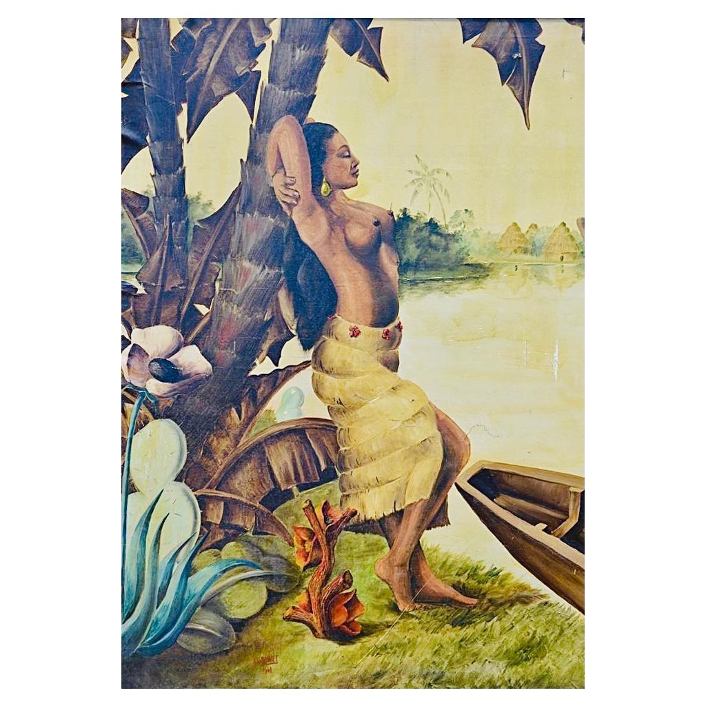 Bellissimo e grande dipinto a olio su tela che rappresenta una scena romantica, in riva al mare con un uomo e una donna. Questo quadro è firmato dal pittore F. Gonnet e datato 1941. È in buone condizioni. 
Una nota, 2 piccoli graffi (vedi foto).