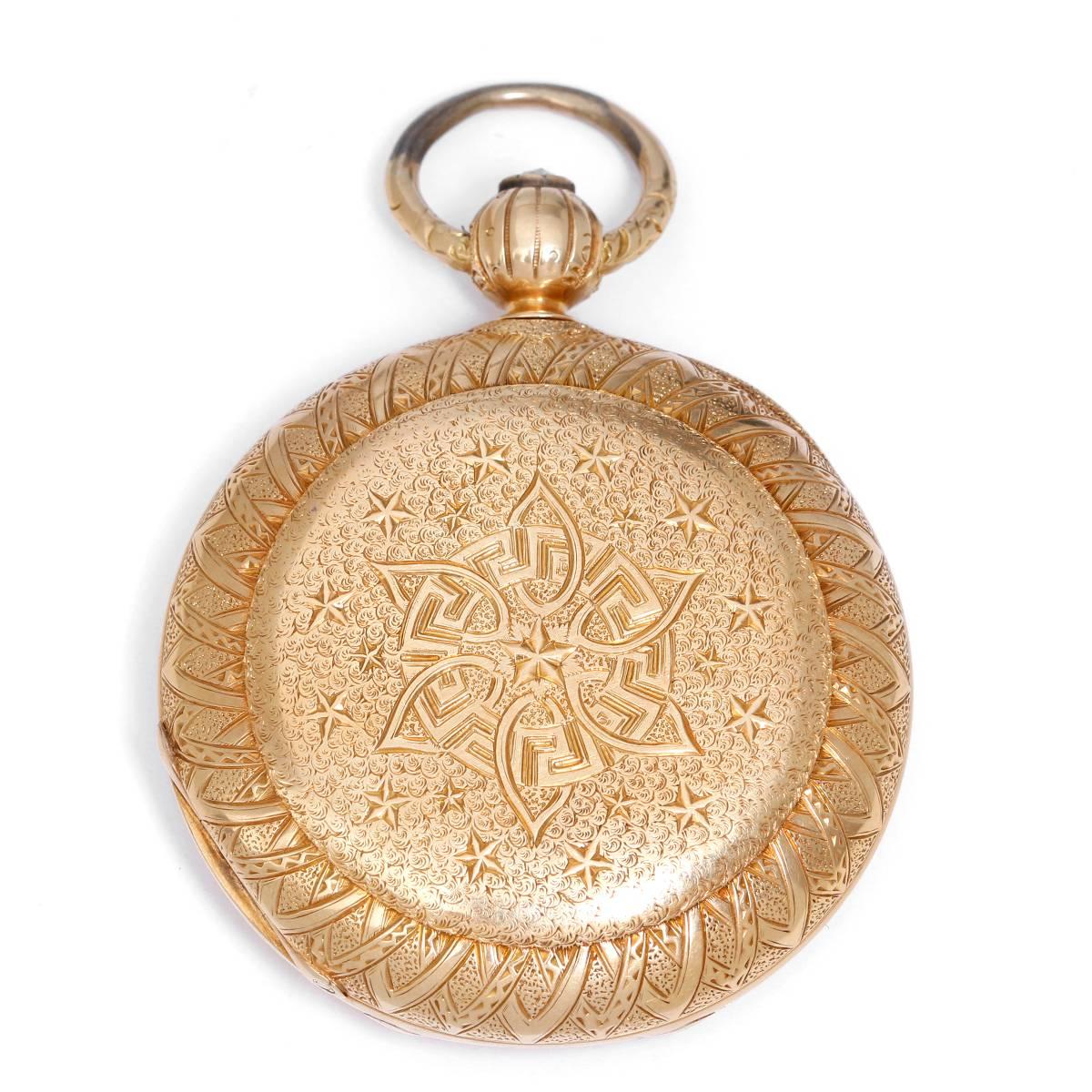 F. H. Clark & Co. Engraved Yellow Gold Pocket Watch In Excellent Condition For Sale In Dallas, TX