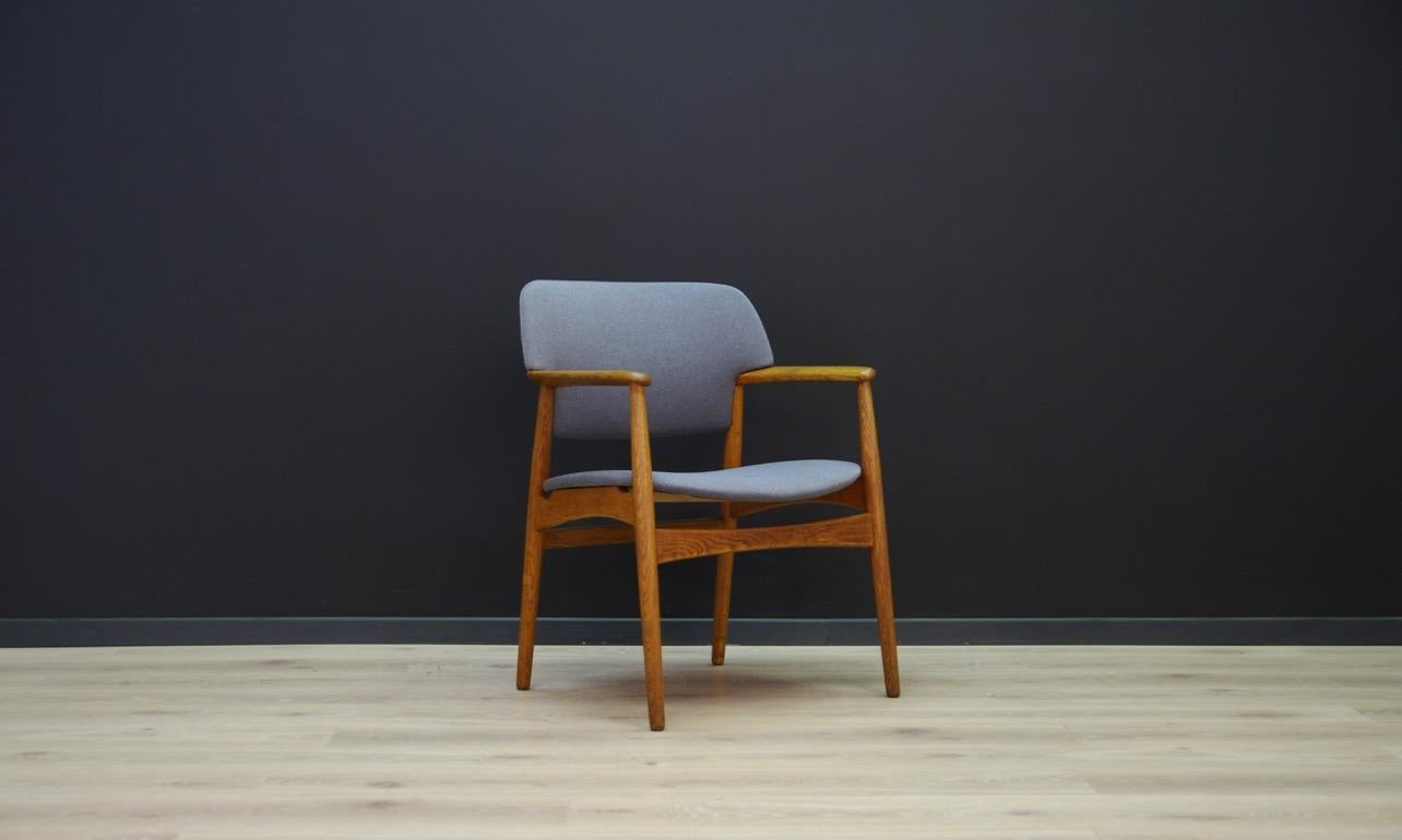 Retro armchair from the 1960s-1970s, Minimalist form - Scandinavian design. Manufactured in Fritz Hansen manufacture. New upholstery (color - grey), construction and backs made of oak. Preserved in good condition (minor scratches on wooden