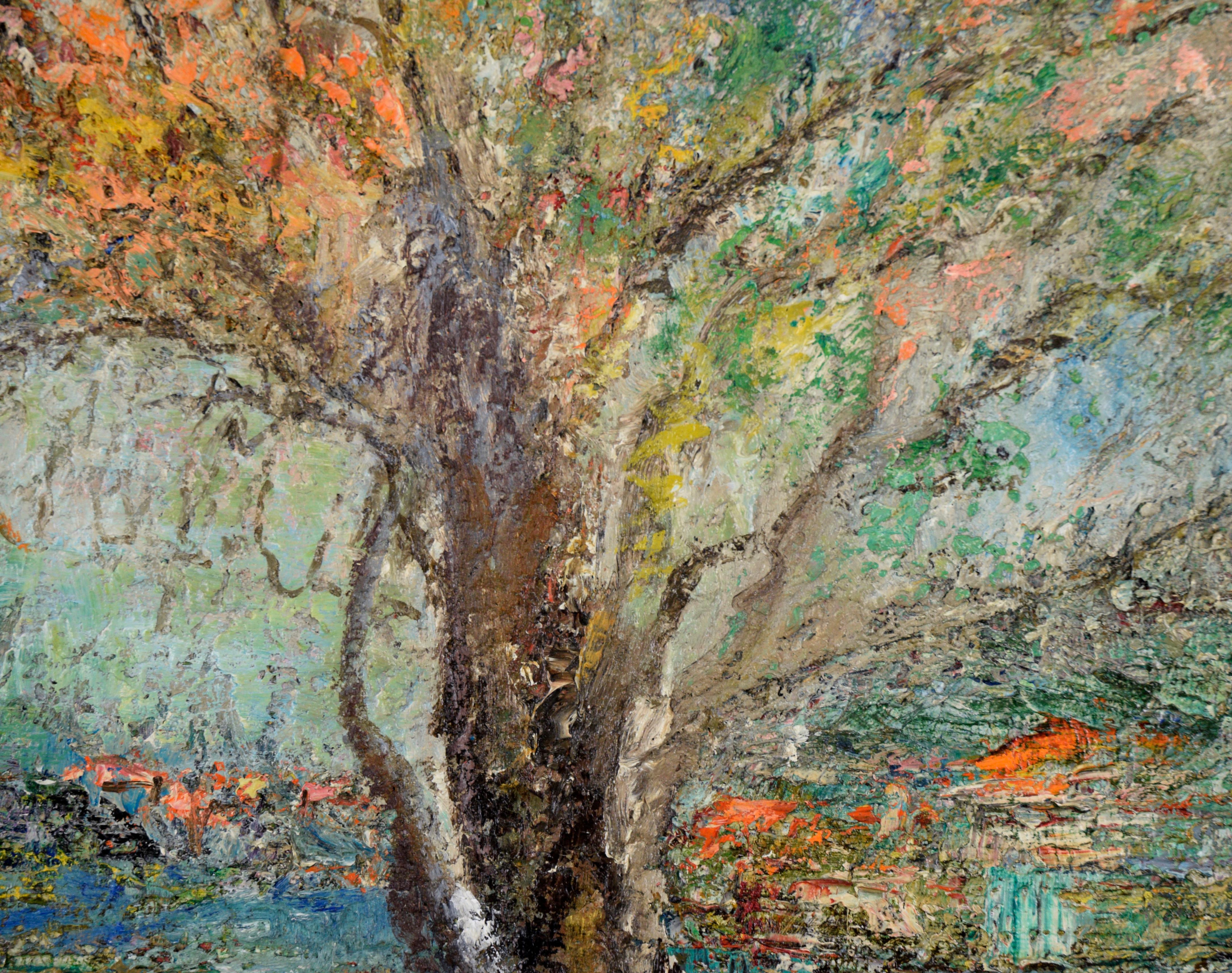 Paesaggio luminoso e molto strutturato dell'artista di Berkeley F. Hochstein (XX secolo). Una donna con un vestito blu siede sotto un albero in un paesaggio dai colori vivaci e variegati. Sebbene gli alberi siano principalmente arancioni e gialli,