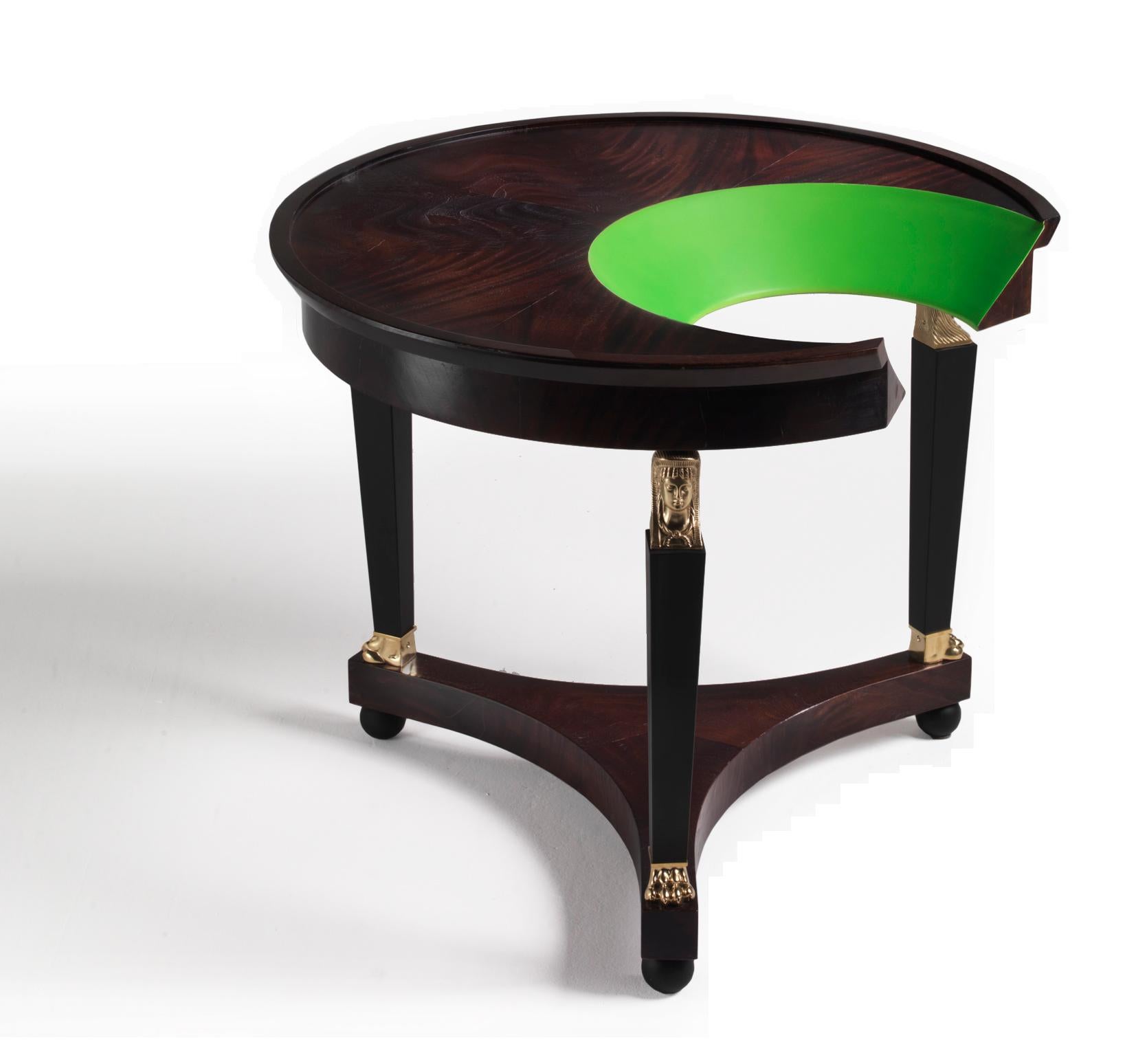 Italian F* Hole Gueridon Small Table in Mahogany Wood and Pink Fluo Hole by Laviani For Sale