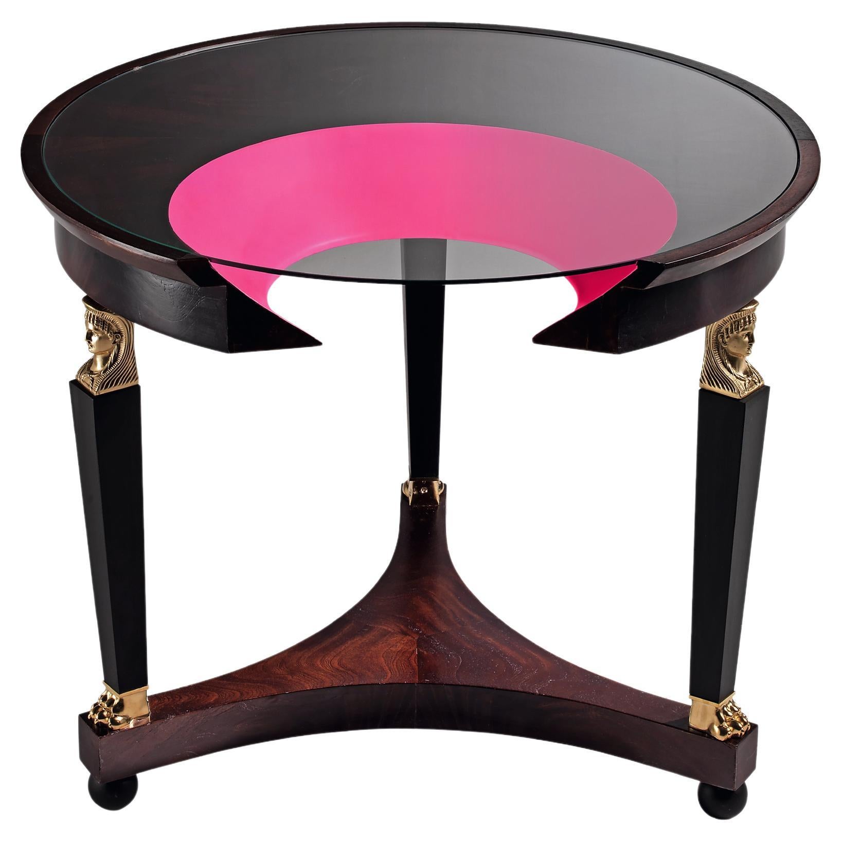 F* Hole Gueridon Small Table in Mahogany Wood and Pink Fluo Hole by Laviani For Sale
