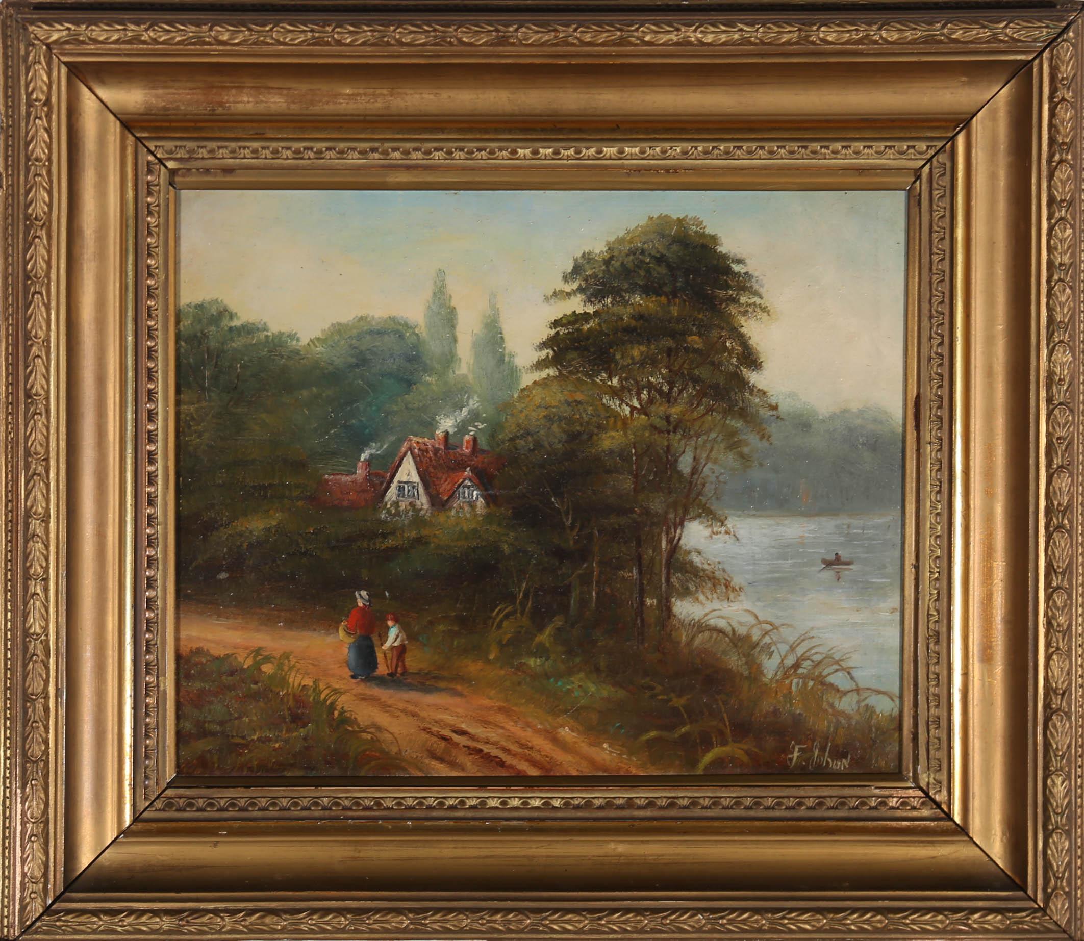 This beautiful late 19th century oil painting depicts a charming rural location, with figures on their way home after a quiet village stroll. To the far right of the painting a boatman can be seen rowing out on the water, while nestled in the trees