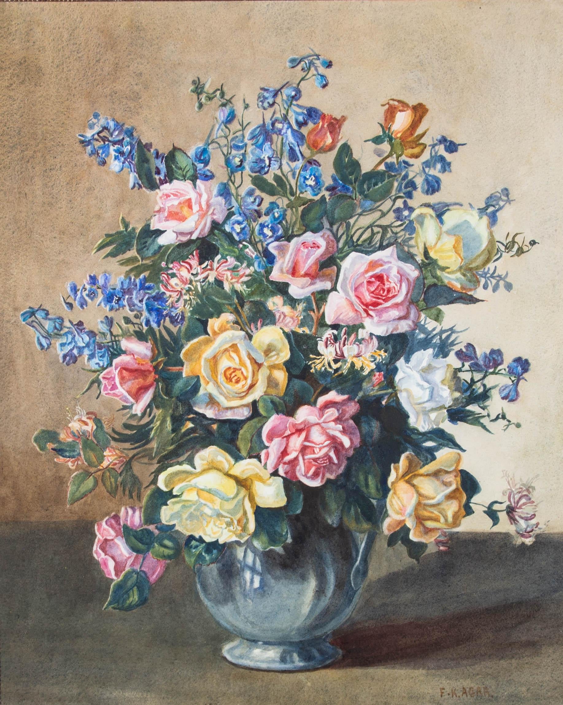 This delightful study depicts a decadent floral arrangement of roses, honey-suckle and salvia. The artist captured the flowers and blue vas in fine detail, bringing attention to the soft lighting on the delicate blooms. Signed to the lower right.