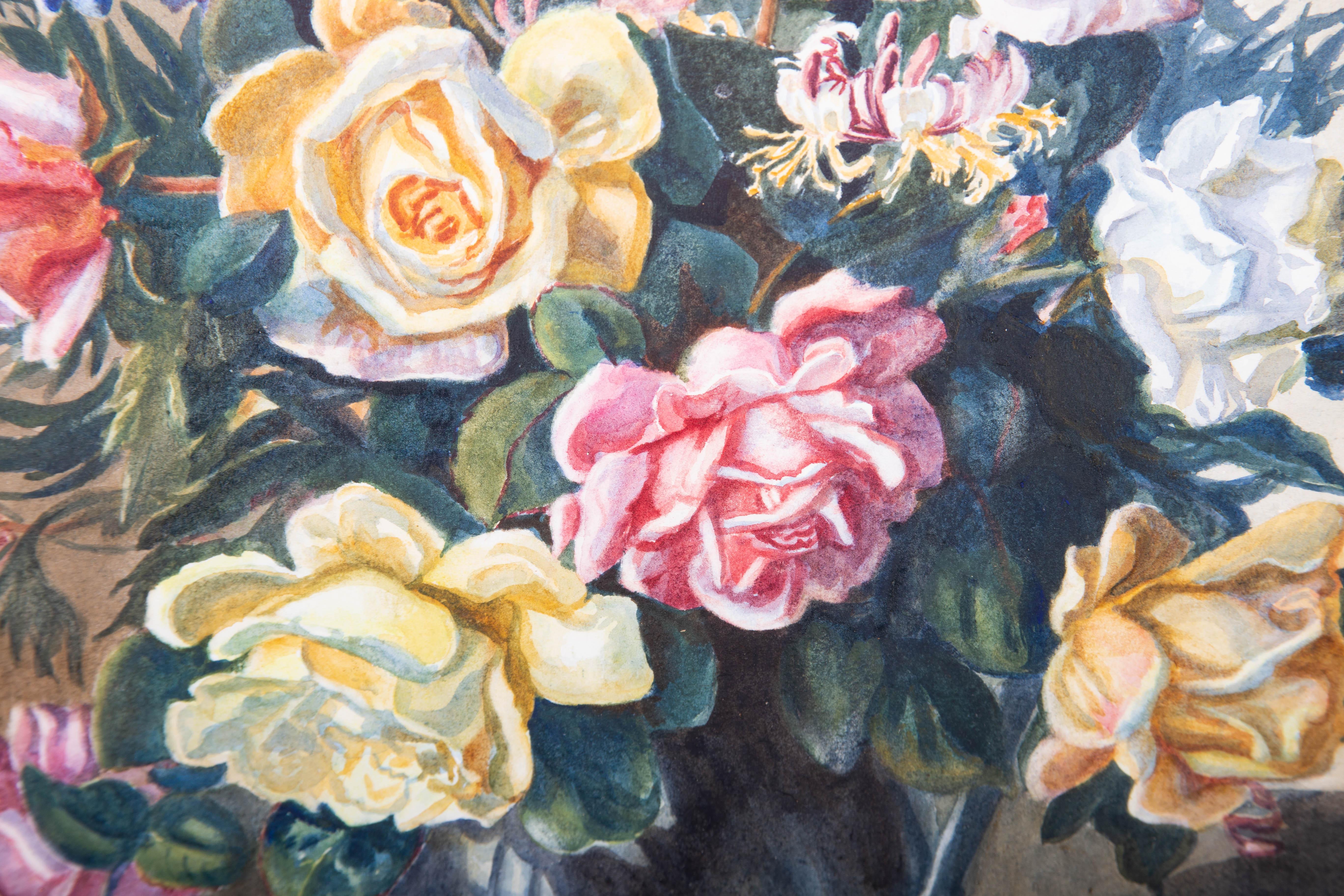 F. K. Agar - Mid 20th Century Oil, Roses and Salvia For Sale 3