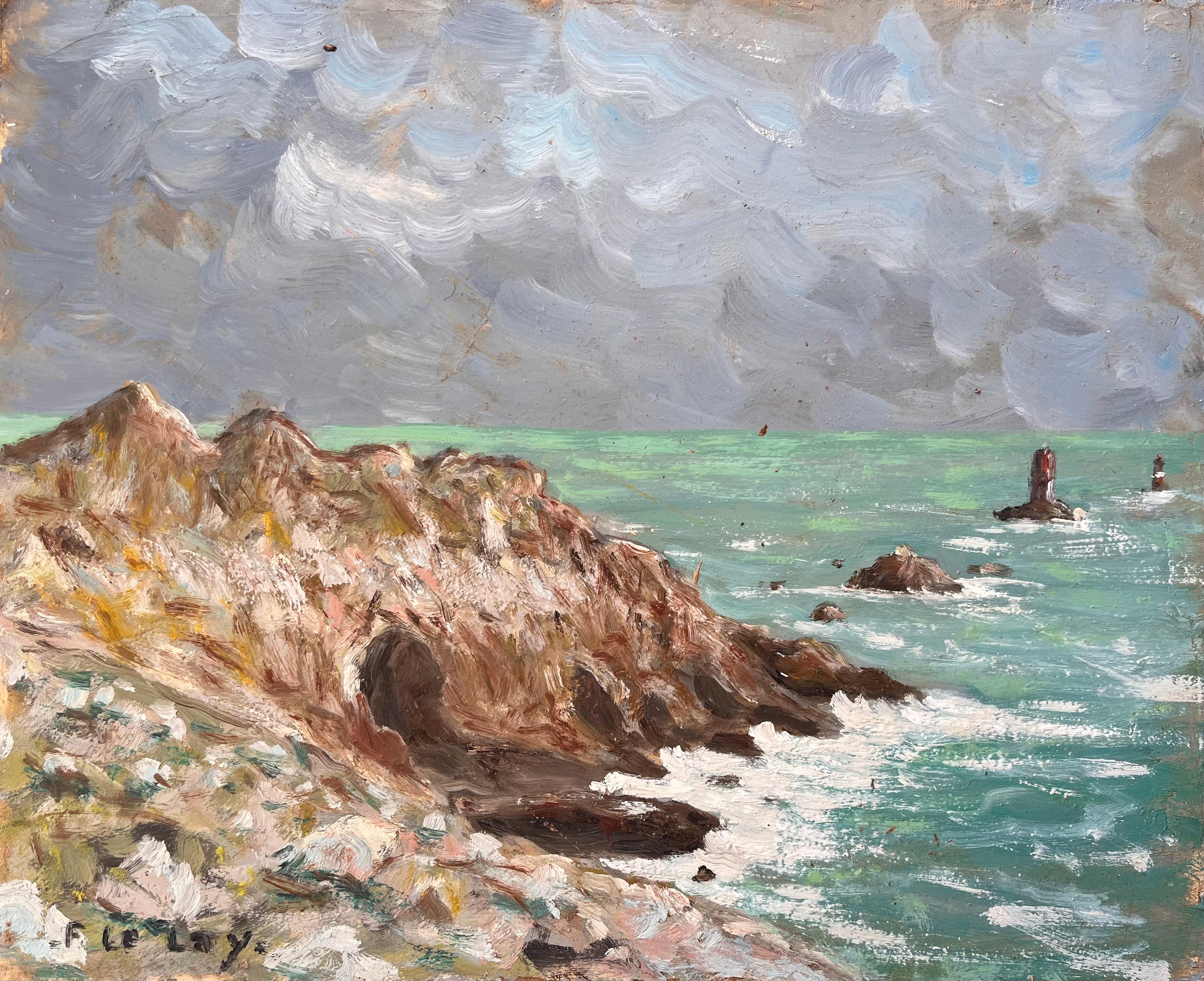 F. Le Lay Abstract Painting - French Coastal Seascape with Rocky Cliffs and Sea Markers