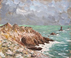 Paesaggio marino costiero francese con scogliere rocciose e indicatori marini