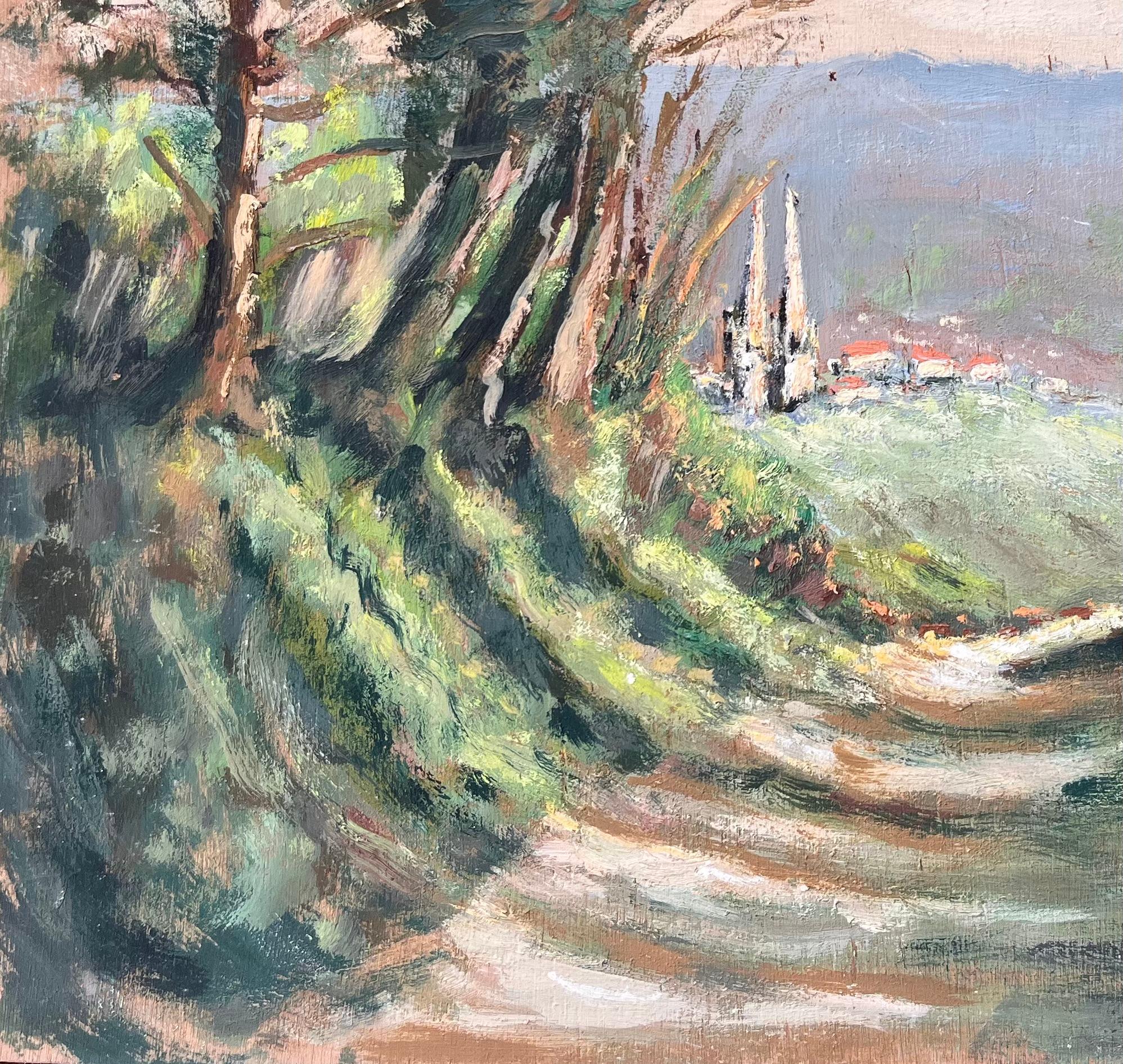 Title: French Impressionist Landscape of Rural Path in Vimoutiers Normandy
By F Le Lay
Signed: Yes
Size: 13 x 16 inches (height x width)
Oil painting on board, unframed
Condition: The painting is in good condition with expressive texture throughout;