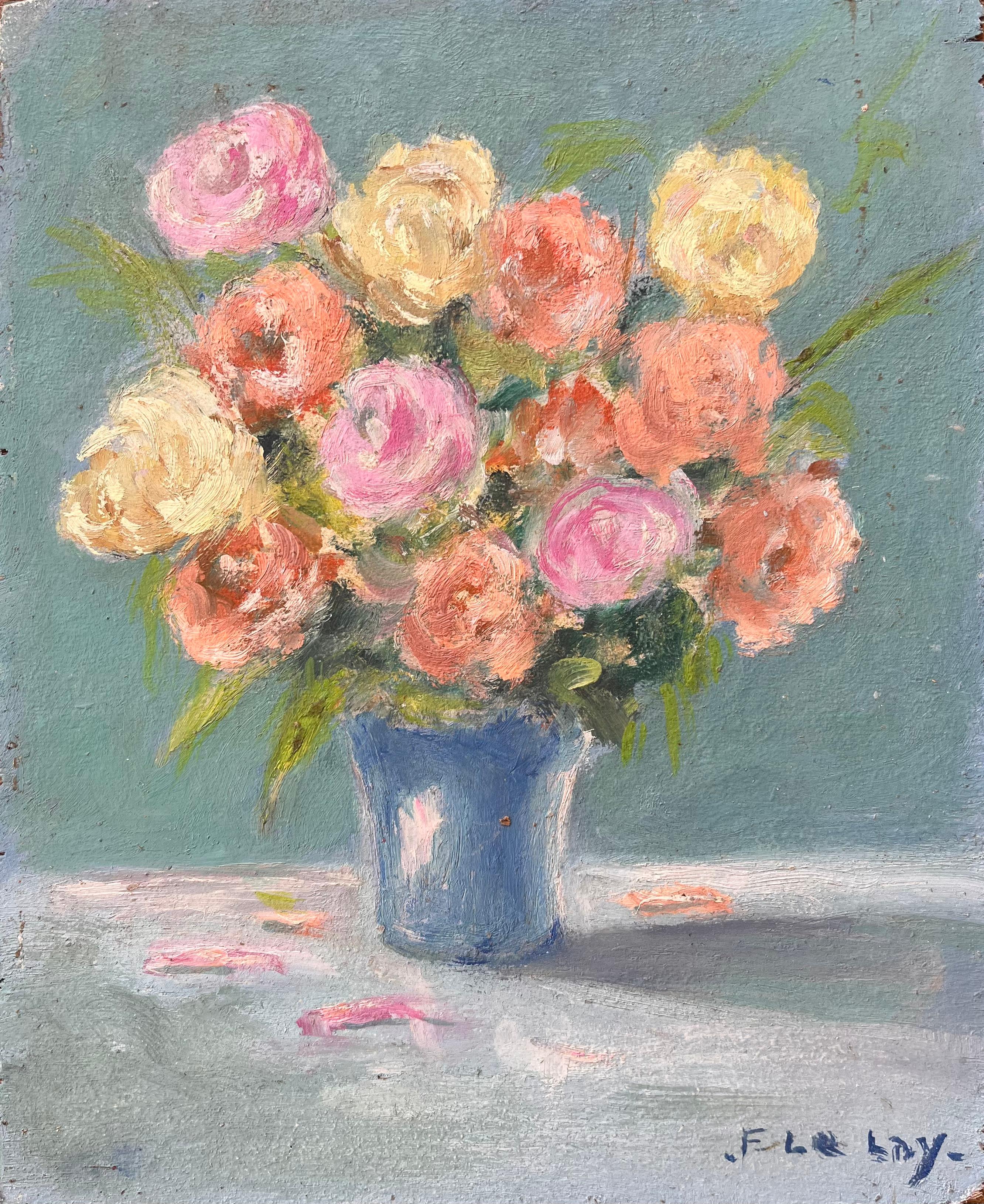 Französisches impressionistisches Stillleben mit rosa und pfirsichfarbenen Rosen in blauer Vase