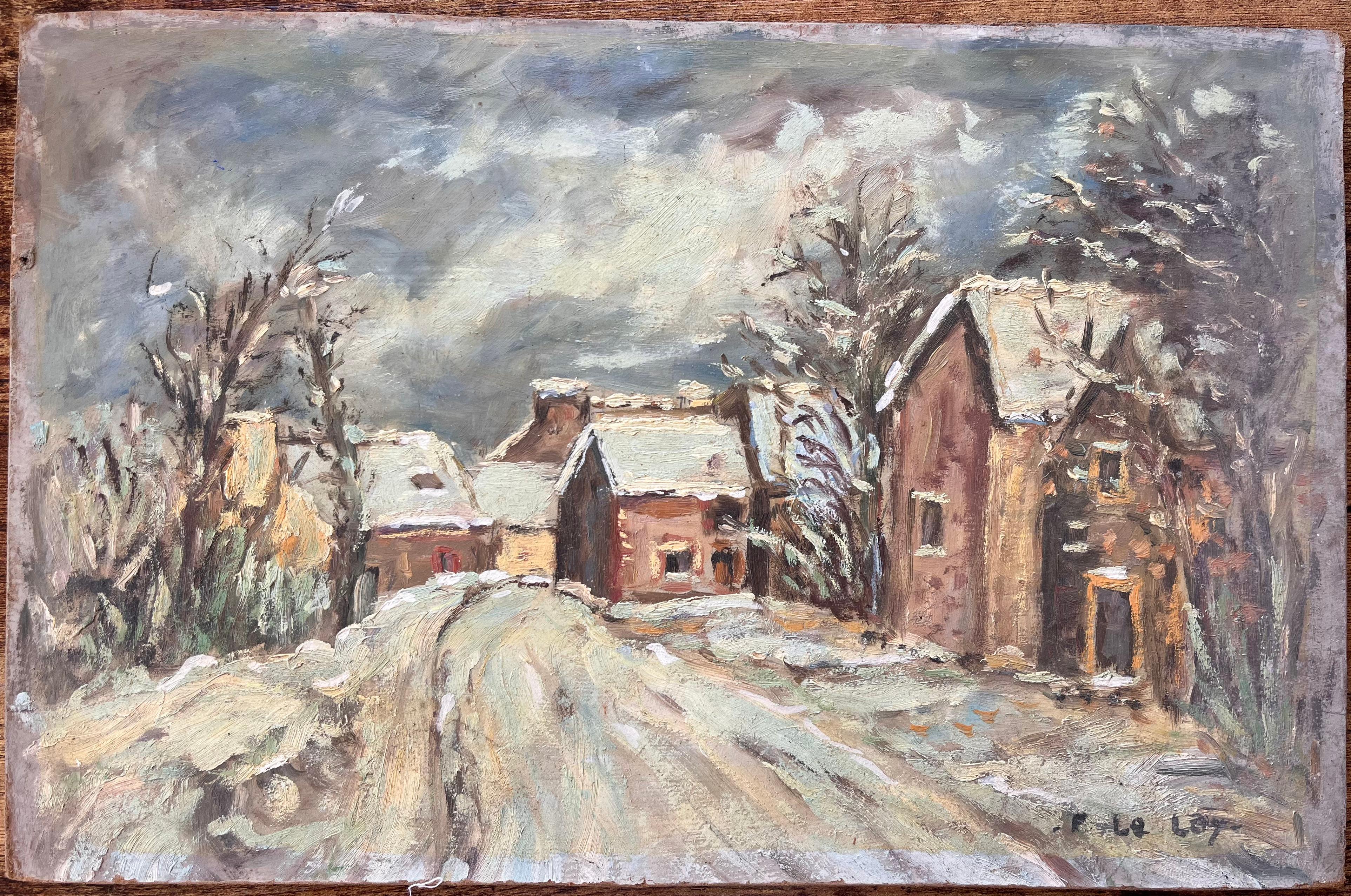French Impressionist Village Snow Scene with Cottages and Trees - Painting by F. Le Lay