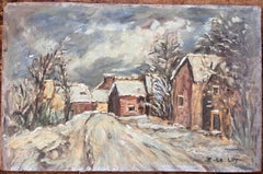French Impressionist Village Snow Scene with Cottages and Trees