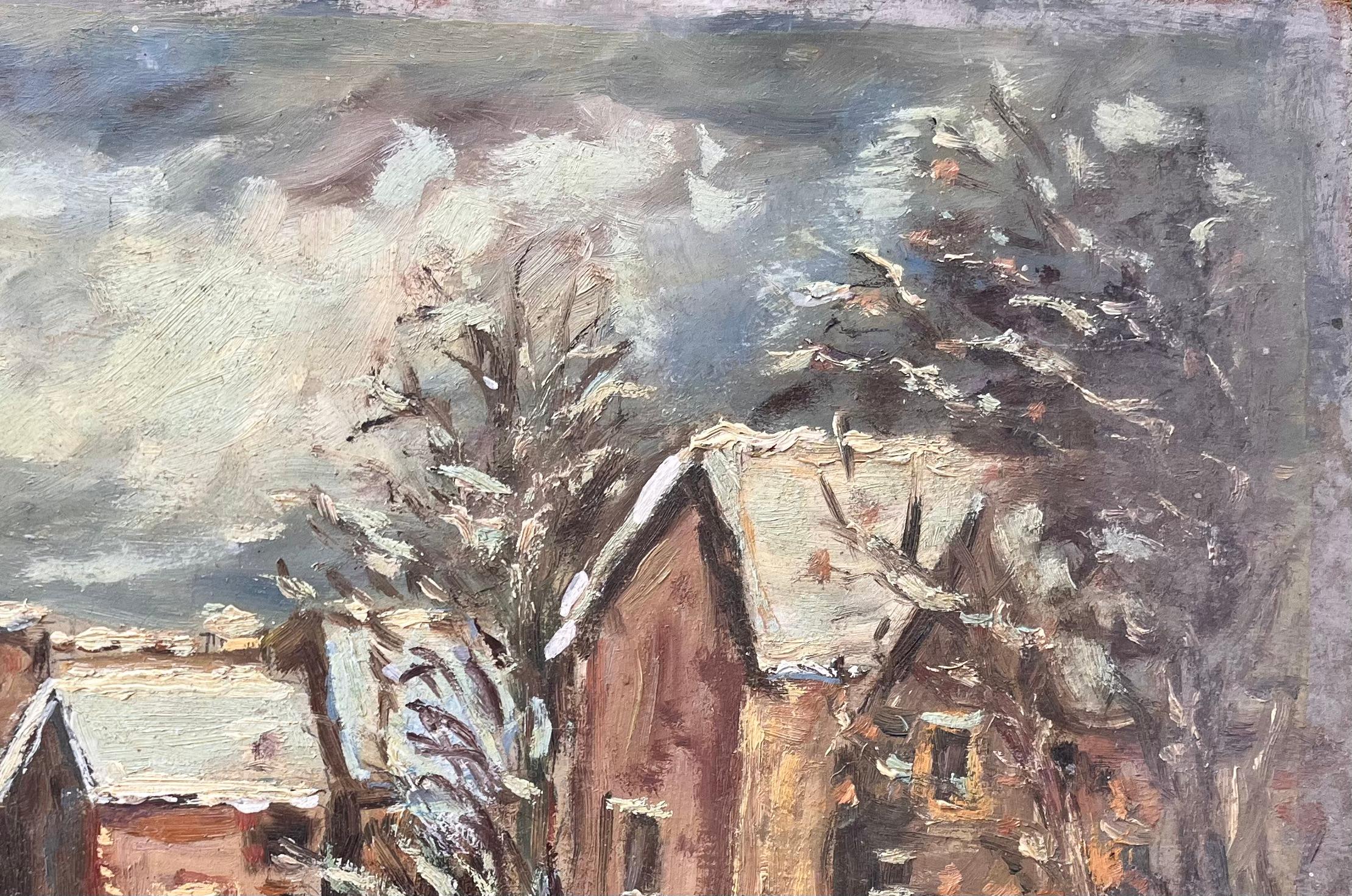 French Impressionist Village Snow Scene with Cottages and Trees - Gray Abstract Painting by F. Le Lay