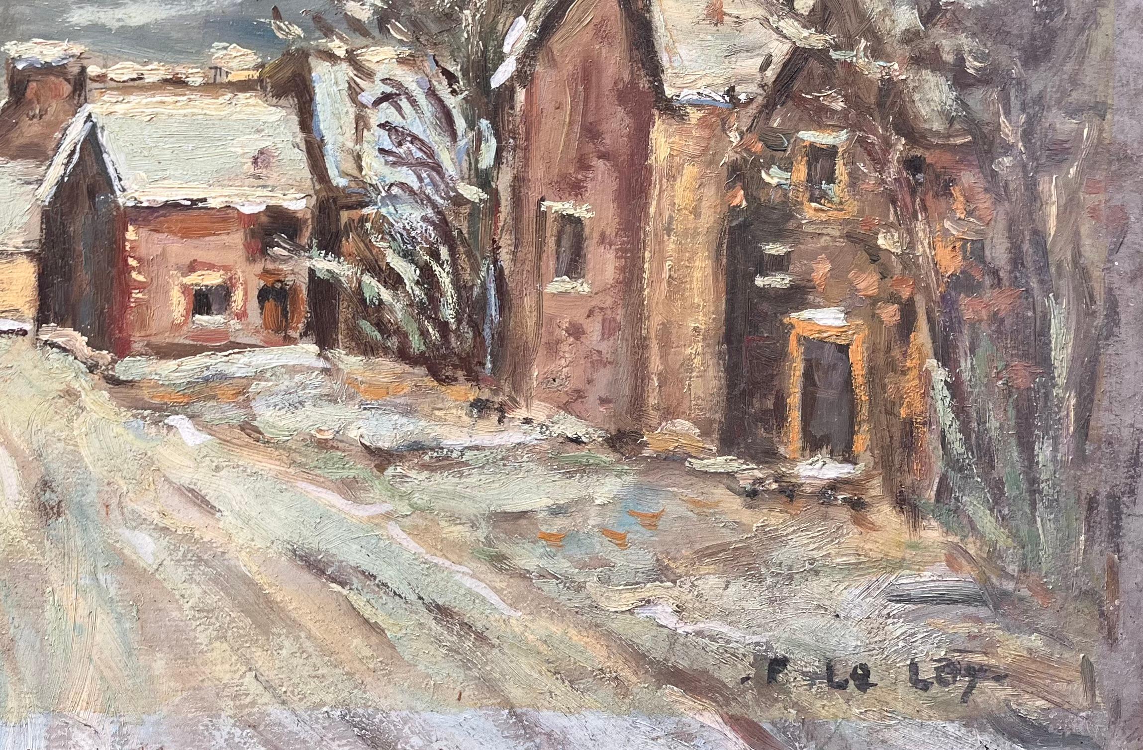 Title: French Impressionist Village Snow Scene with Cottages and Trees
By F Le Lay
Signed: Yes
Size: 10.5 x 16.25 inches (height x width)
Oil painting on board, unframed
Condition: The painting is in good condition with expressive texture