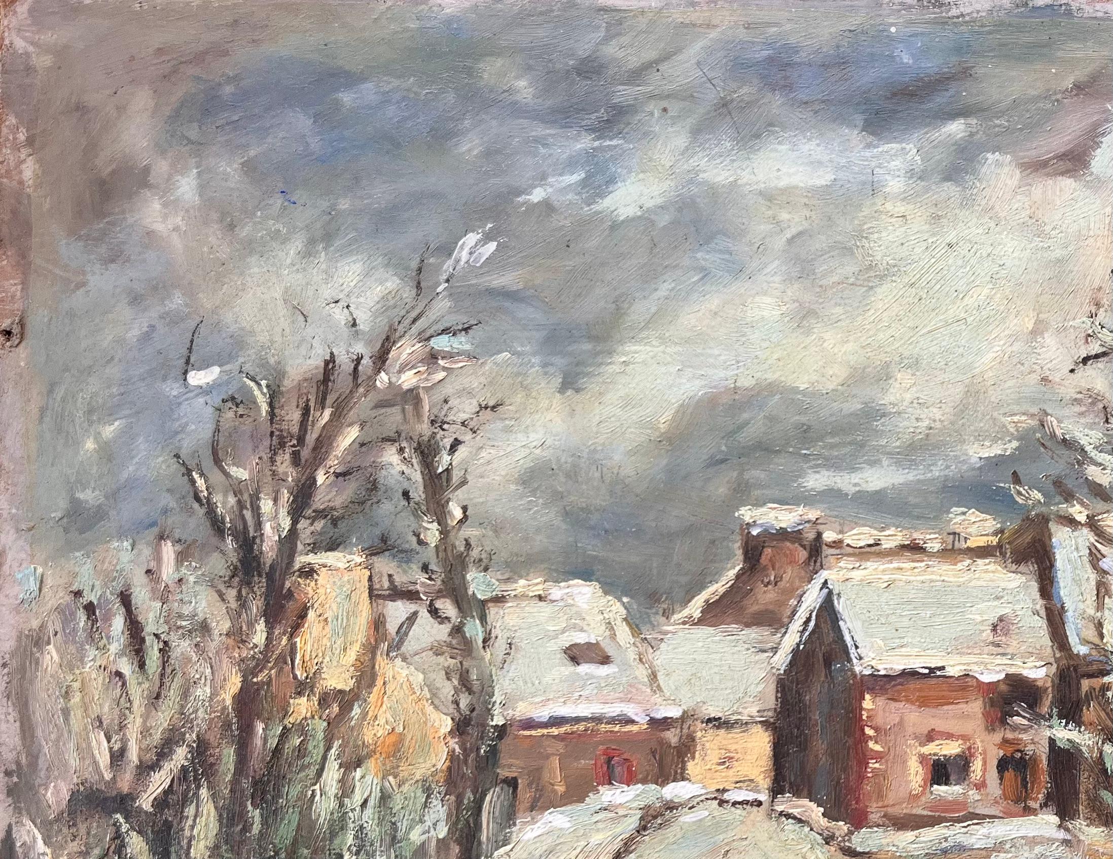 French Impressionist Village Snow Scene with Cottages and Trees For Sale 1