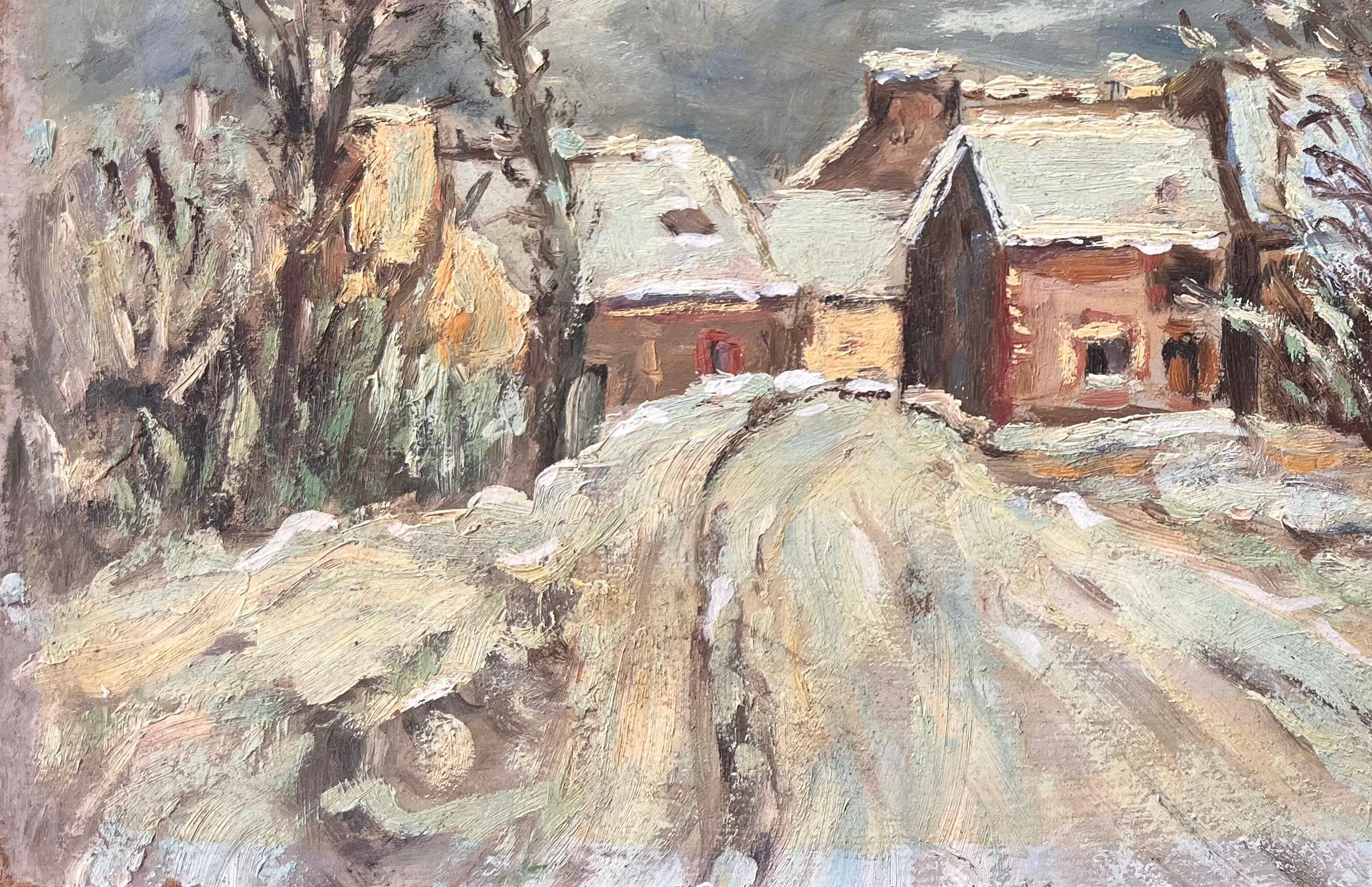 French Impressionist Village Snow Scene with Cottages and Trees For Sale 2