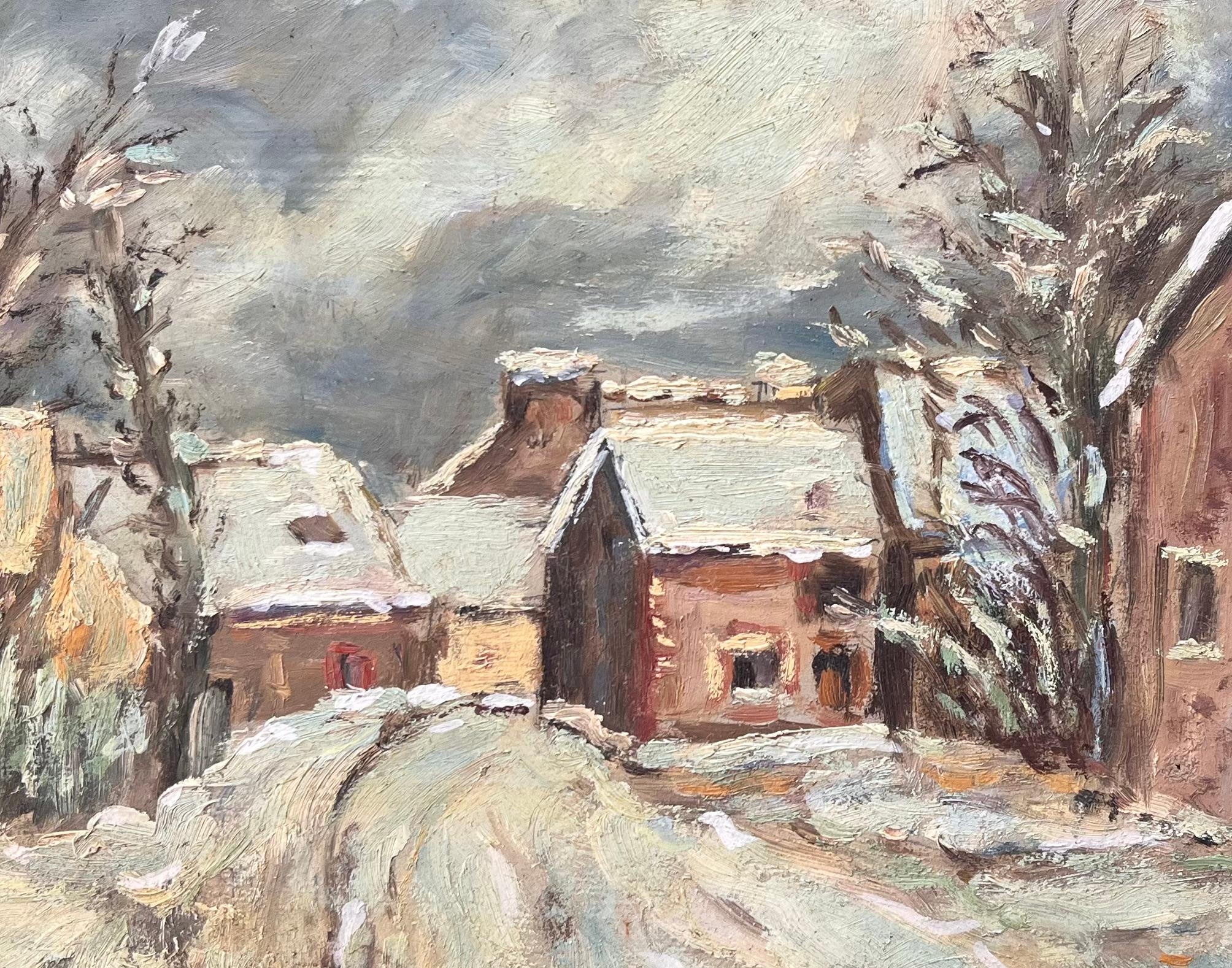 French Impressionist Village Snow Scene with Cottages and Trees For Sale 3