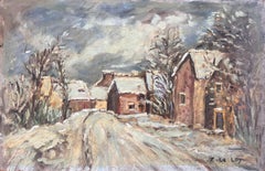 French Impressionist Village Snow Scene with Cottages and Trees
