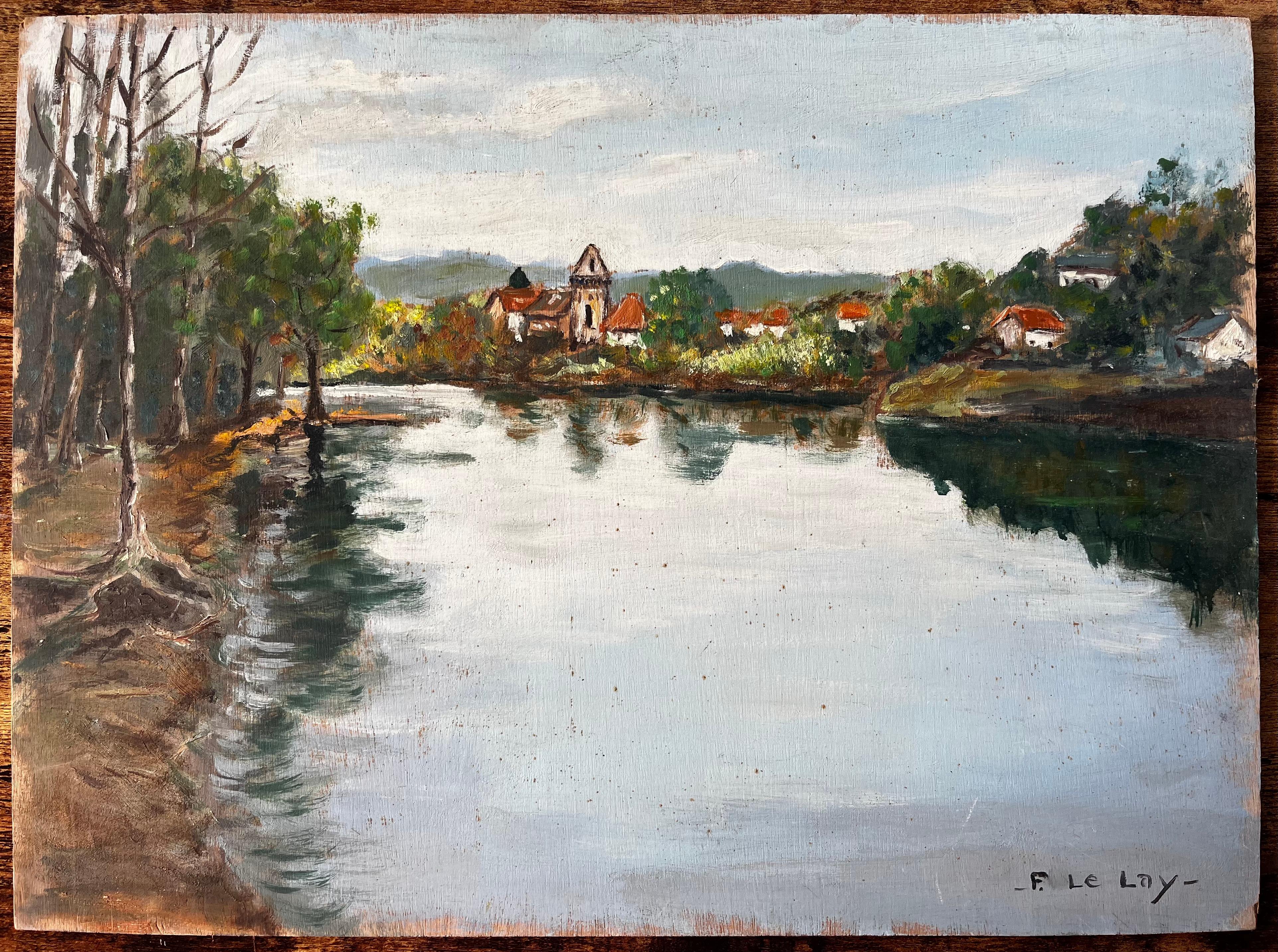 French River Village Scene with Red Roofs Trees and Reflections by F Le Lay - Painting by F. Le Lay