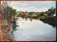 French River Village Scene with Red Roofs Trees and Reflections by F Le Lay